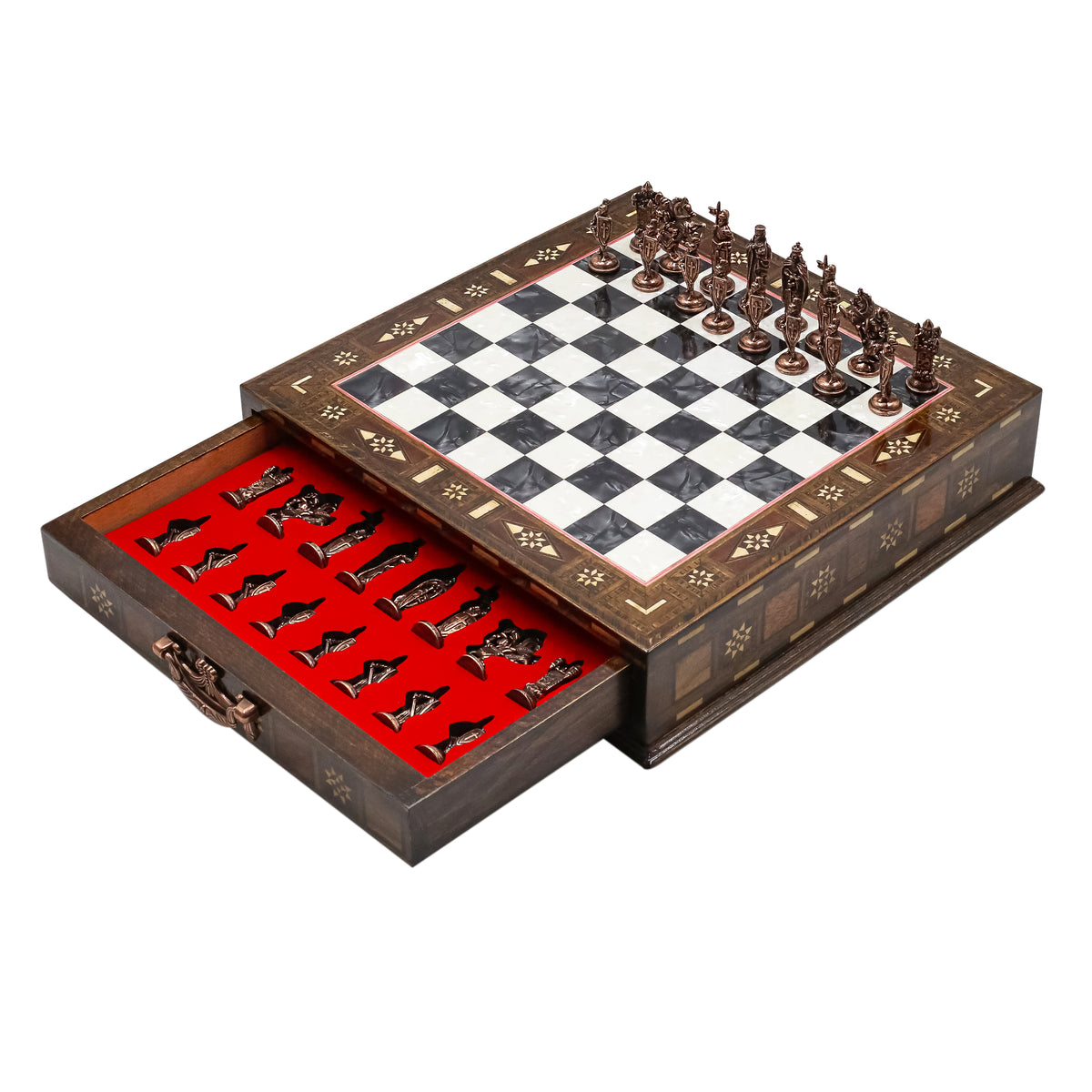 Handmade Inlay Chess Set with Drawer Storage 30 CM (12") - Die Cast Vintage Metal Pieces | Ottoman vs Byzantine War Themed