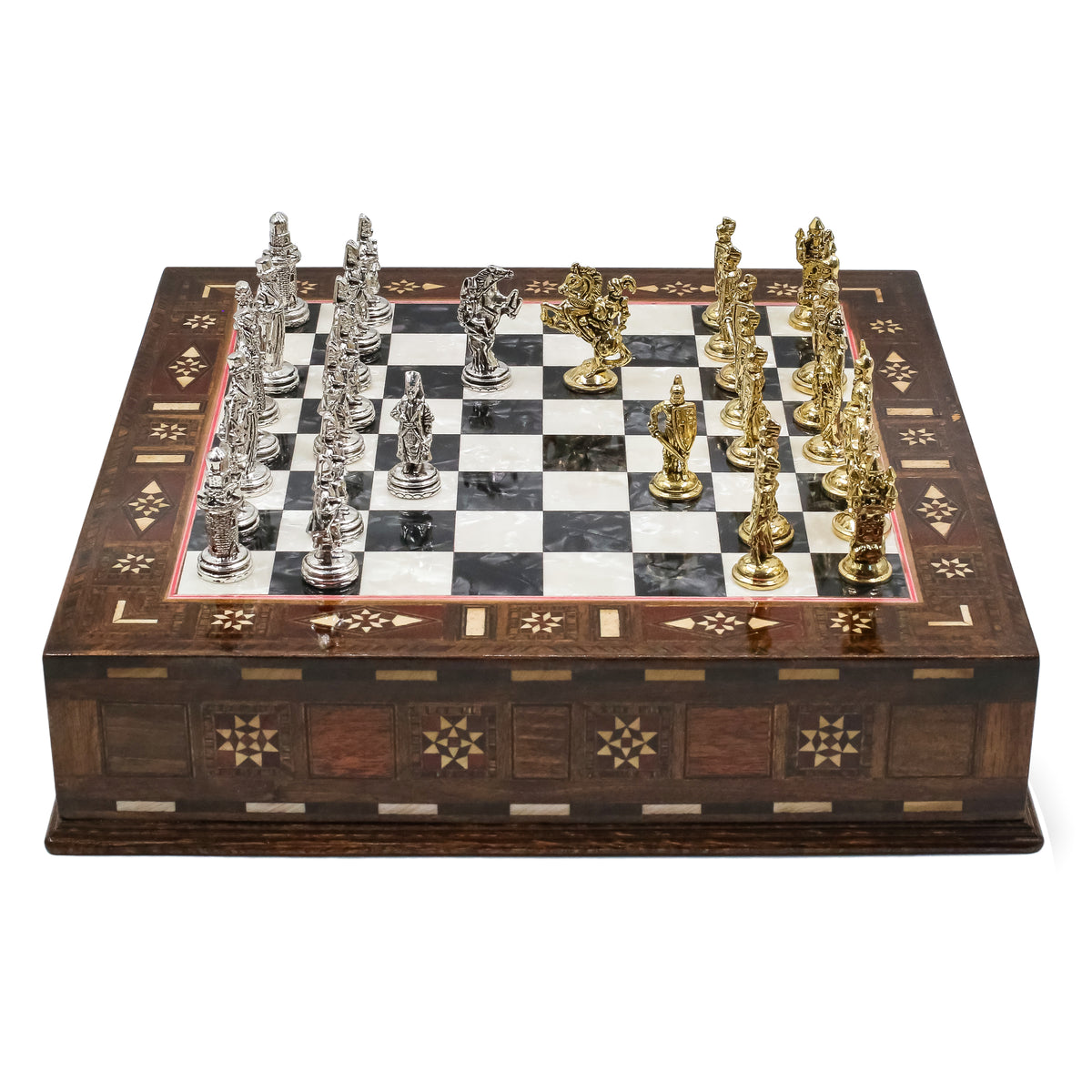 Handmade Inlay Chess Set with Drawer Storage 30 CM (12") - Die Cast Metal Pieces | Ottoman vs Byzantine War Themed