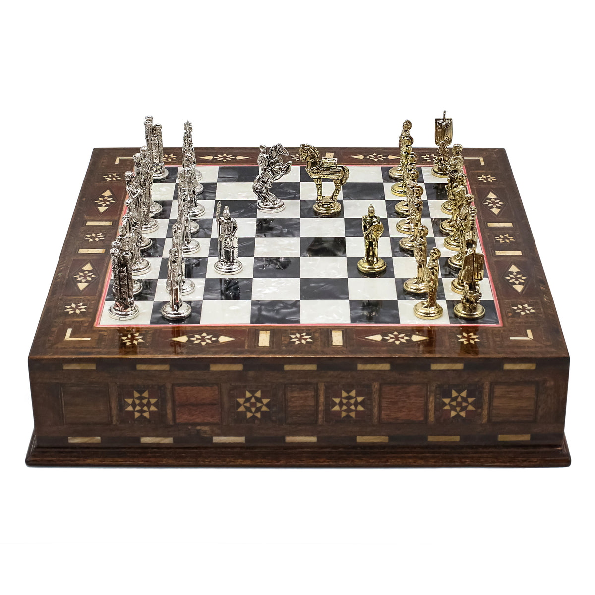 Handmade Inlay Chess Set with Drawer Storage 30 CM (12") - Die Cast Metal Pieces | Troy War Themed