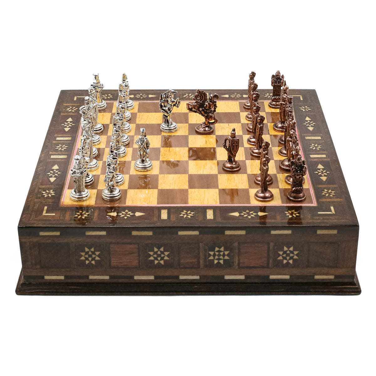 Handmade Inlay Chess Set with Drawer Storage 30 CM (12") - Die Cast Vintage Metal Pieces | Ottoman vs Byzantine War Themed
