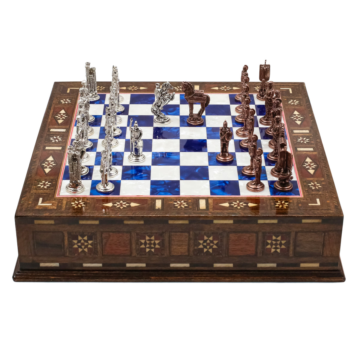 Handmade Inlay Chess Set with Drawer Storage 30 CM (12") - Die Cast Vintage Metal Pieces | Troy War Themed