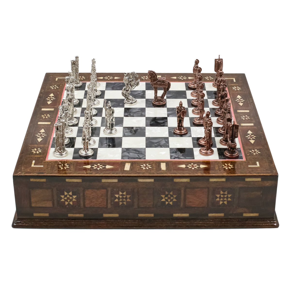 Handmade Inlay Chess Set with Drawer Storage 30 CM (12") - Die Cast Vintage Metal Pieces | Troy War Themed