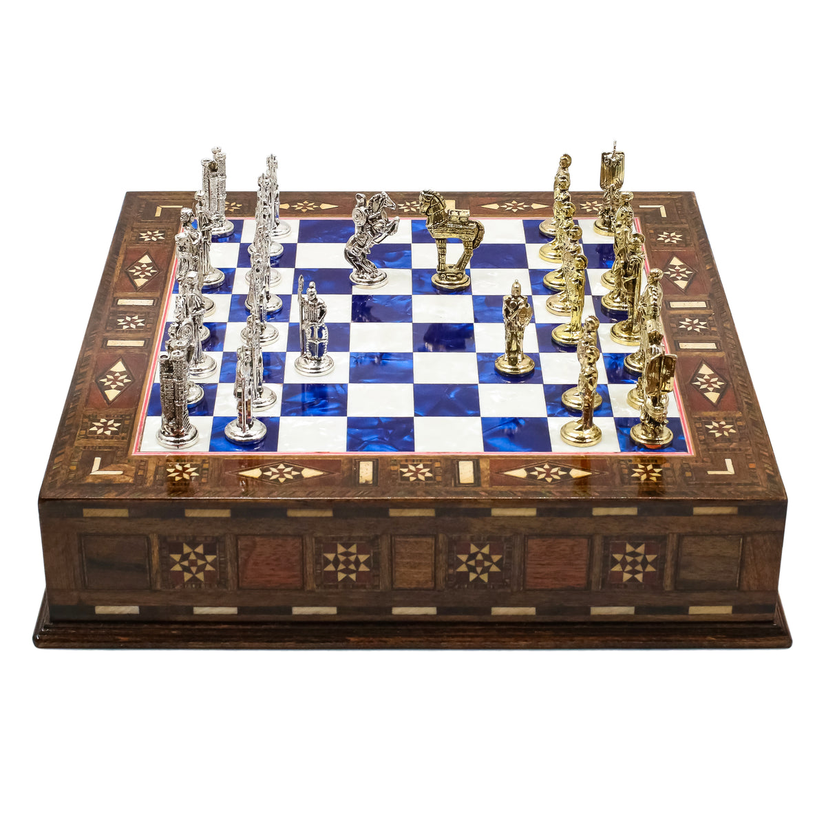 Handmade Inlay Chess Set with Drawer Storage 30 CM (12") - Die Cast Metal Pieces | Troy War Themed