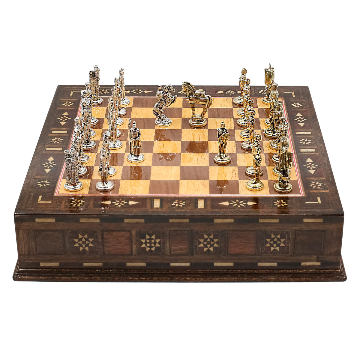 Handmade Inlay Chess Set with Drawer Storage 30 CM (12") - Die Cast Metal Pieces | Troy War Themed