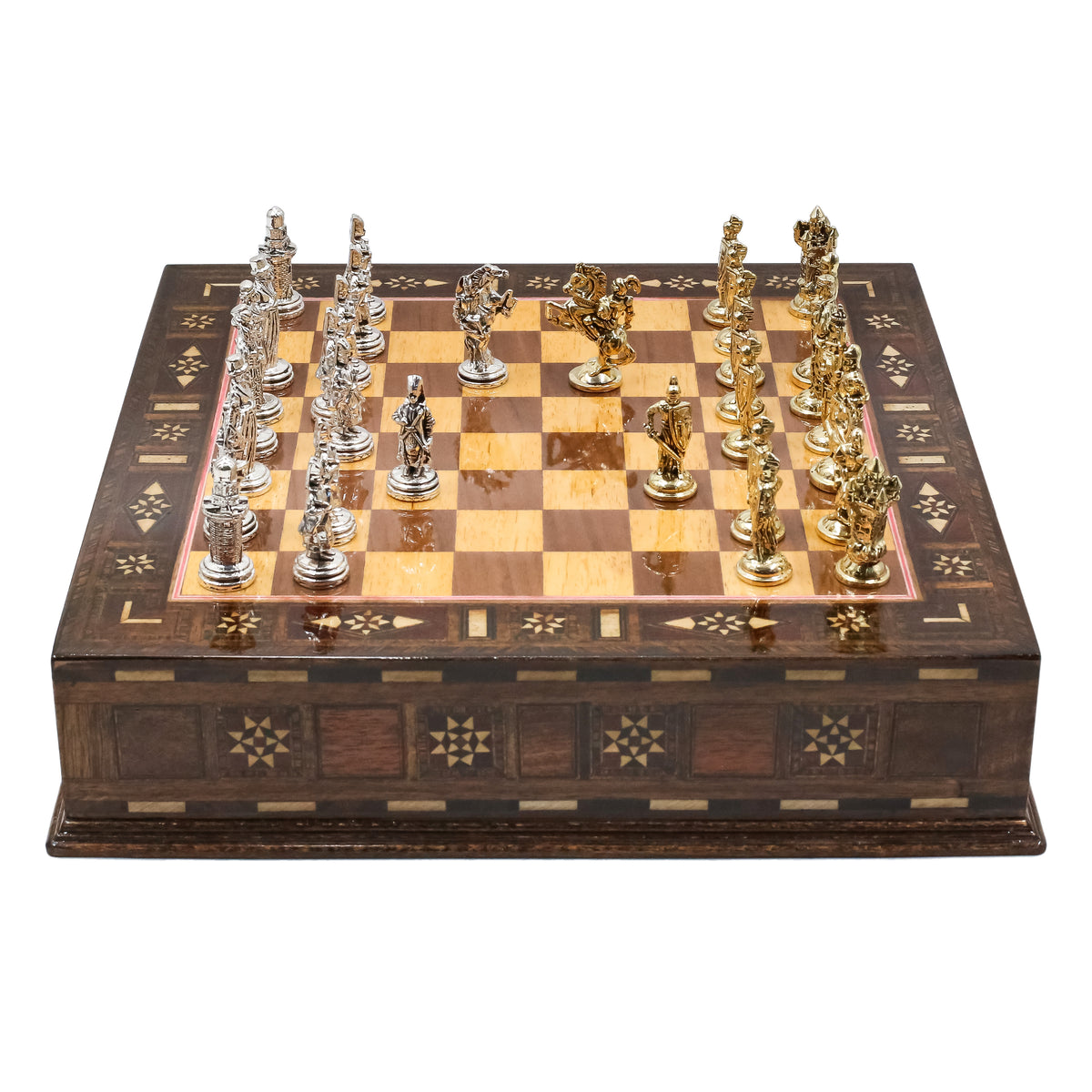 Handmade Inlay Chess Set with Drawer Storage 30 CM (12") - Die Cast Metal Pieces | Ottoman vs Byzantine War Themed