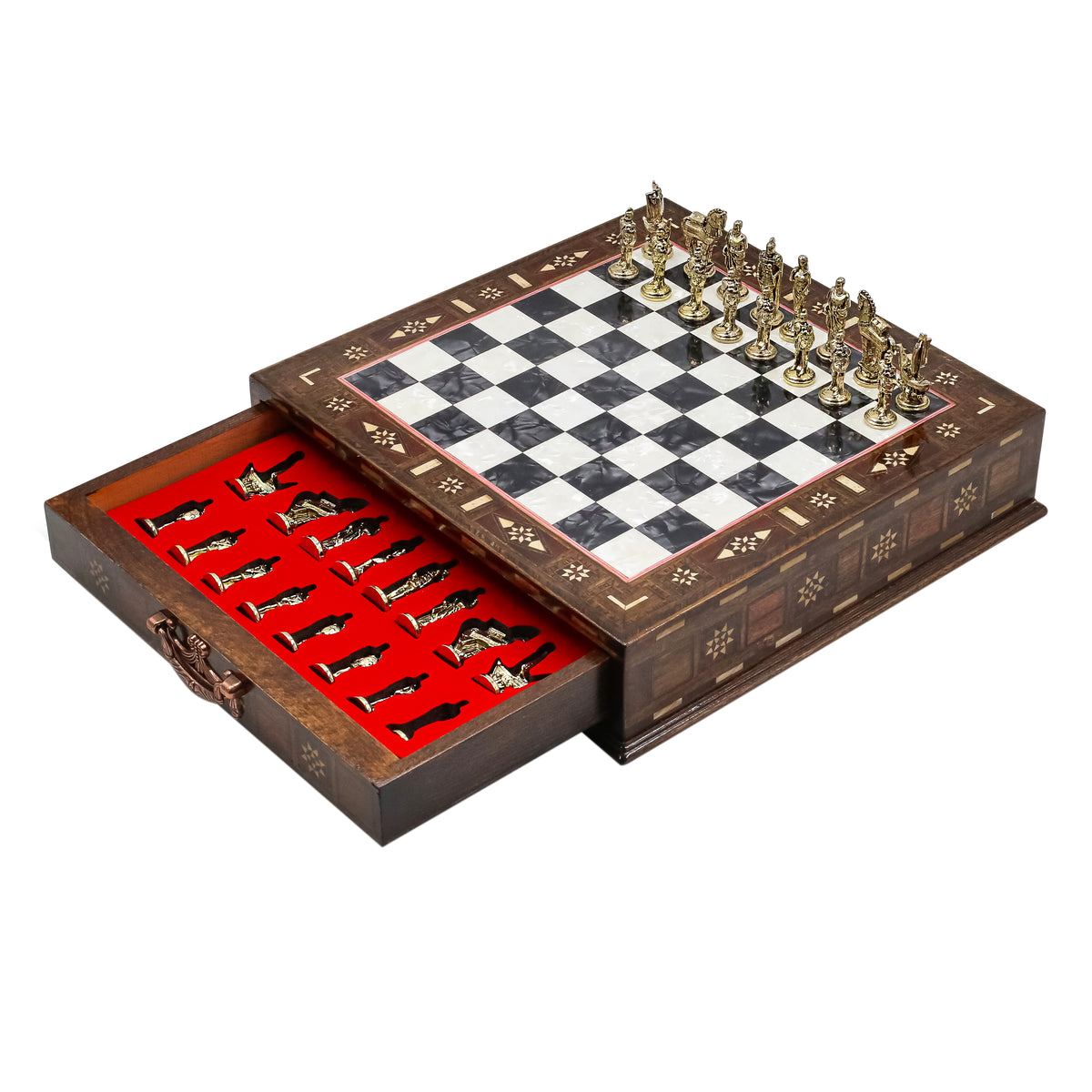 Handmade Inlay Chess Set with Drawer Storage 30 CM (12") - Die Cast Metal Pieces | Troy War Themed