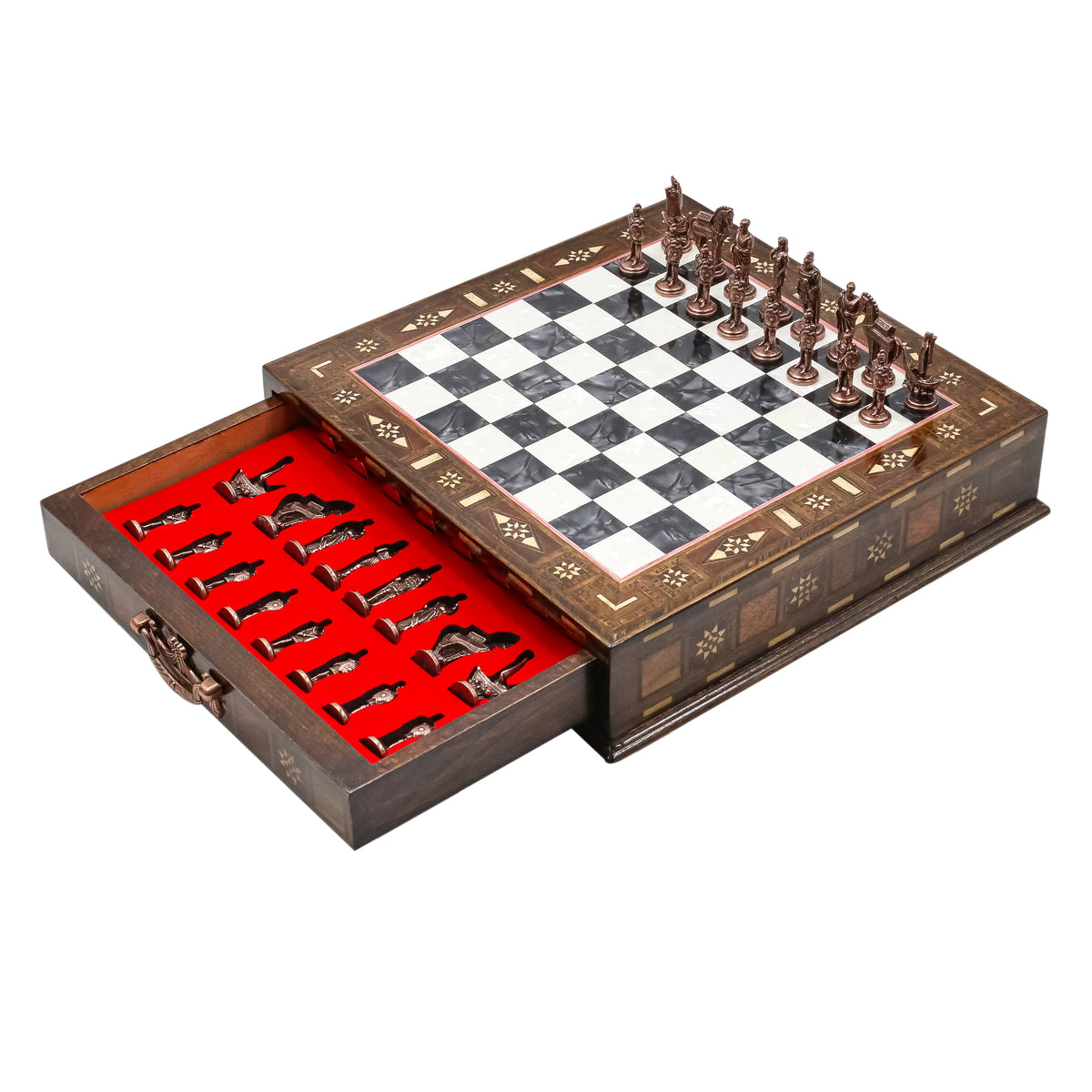 Handmade Inlay Chess Set with Drawer Storage 30 CM (12") - Die Cast Vintage Metal Pieces | Troy War Themed