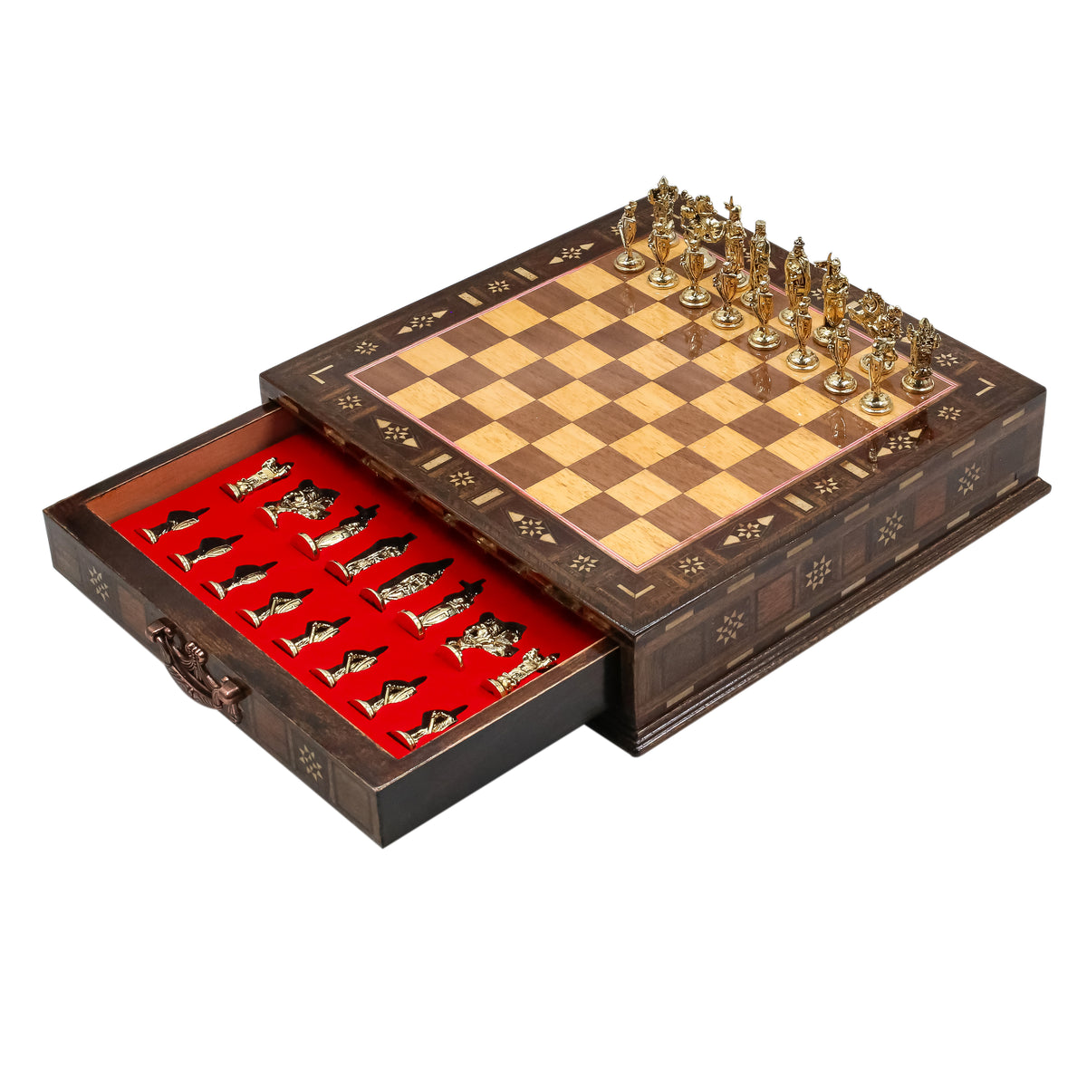 Handmade Inlay Chess Set with Drawer Storage 30 CM (12") - Die Cast Metal Pieces | Ottoman vs Byzantine War Themed