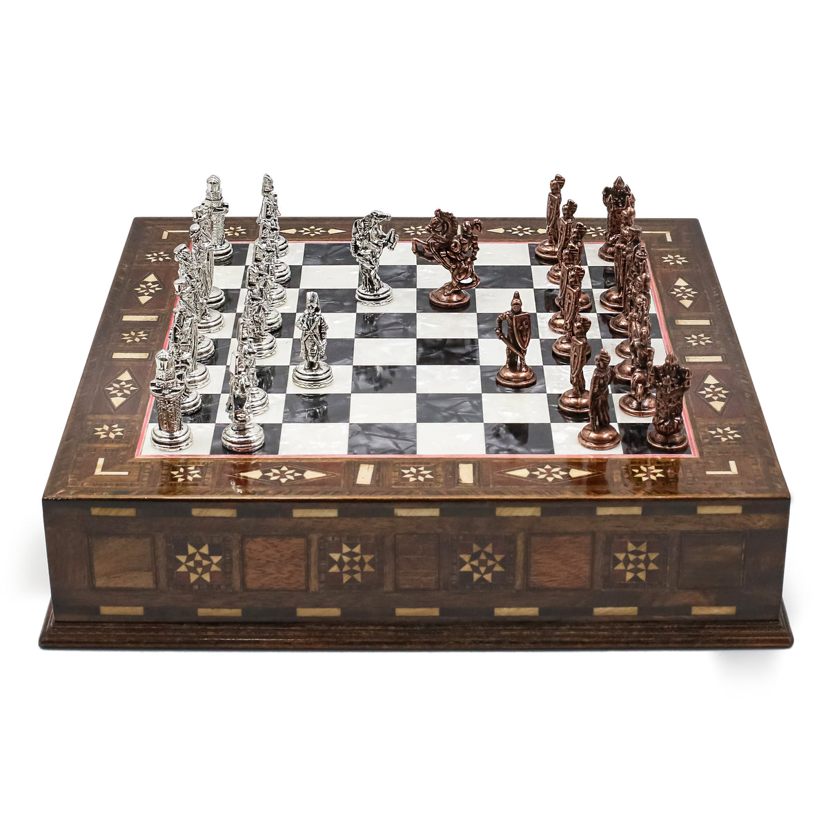 Handmade Inlay Chess Set with Drawer Storage 30 CM (12") - Die Cast Vintage Metal Pieces | Ottoman vs Byzantine War Themed