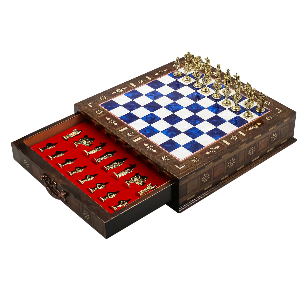 Handmade Inlay Chess Set with Drawer Storage 30 CM (12") - Die Cast Metal Pieces | Ottoman vs Byzantine War Themed