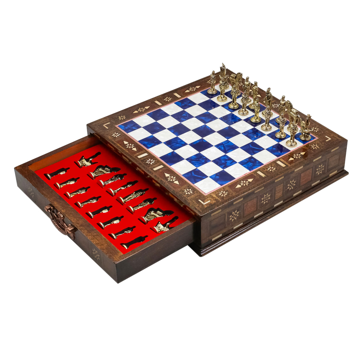 Handmade Inlay Chess Set with Drawer Storage 30 CM (12") - Die Cast Metal Pieces | Troy War Themed