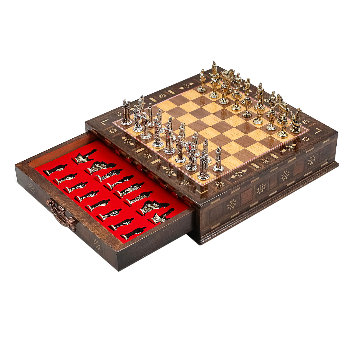 Handmade Inlay Chess Set with Drawer Storage 30 CM (12") - Die Cast Metal Pieces | Troy War Themed