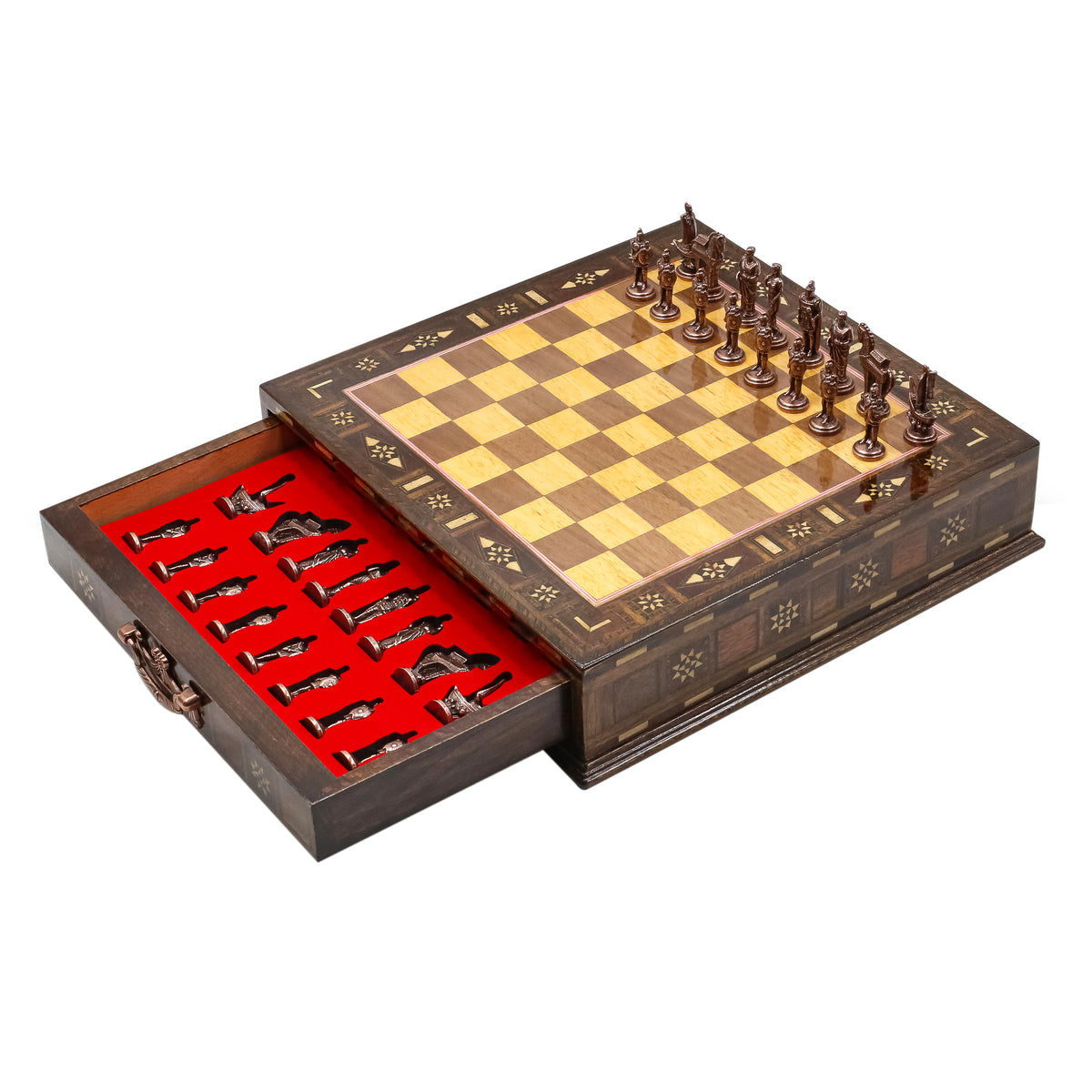 Handmade Inlay Chess Set with Drawer Storage 30 CM (12") - Die Cast Vintage Metal Pieces | Troy War Themed
