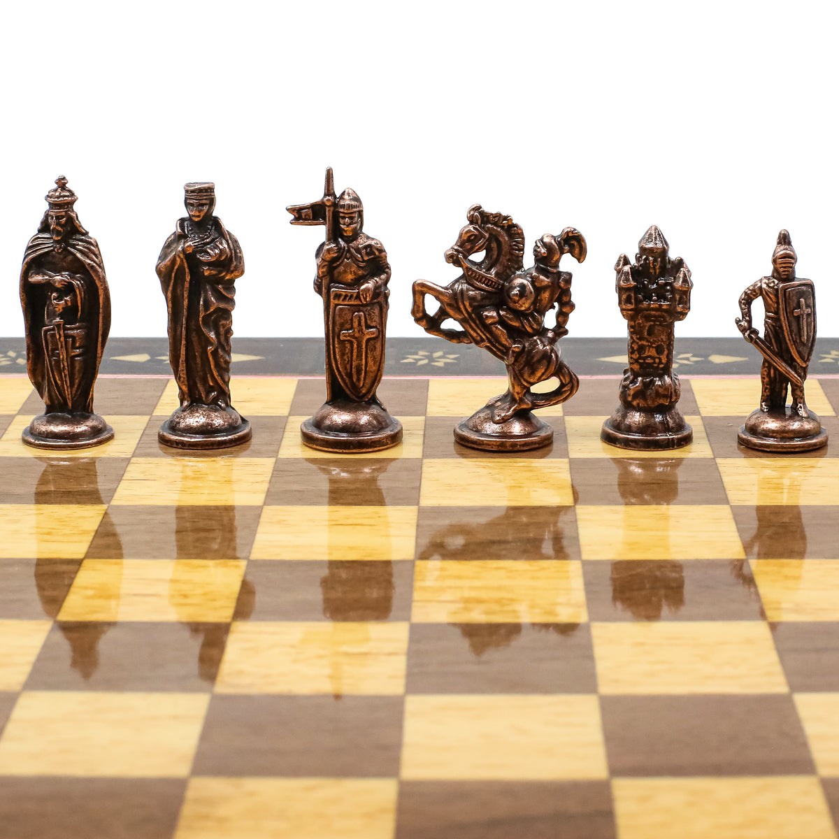 Handmade Inlay Chess Set with Drawer Storage 30 CM (12") - Die Cast Vintage Metal Pieces | Ottoman vs Byzantine War Themed