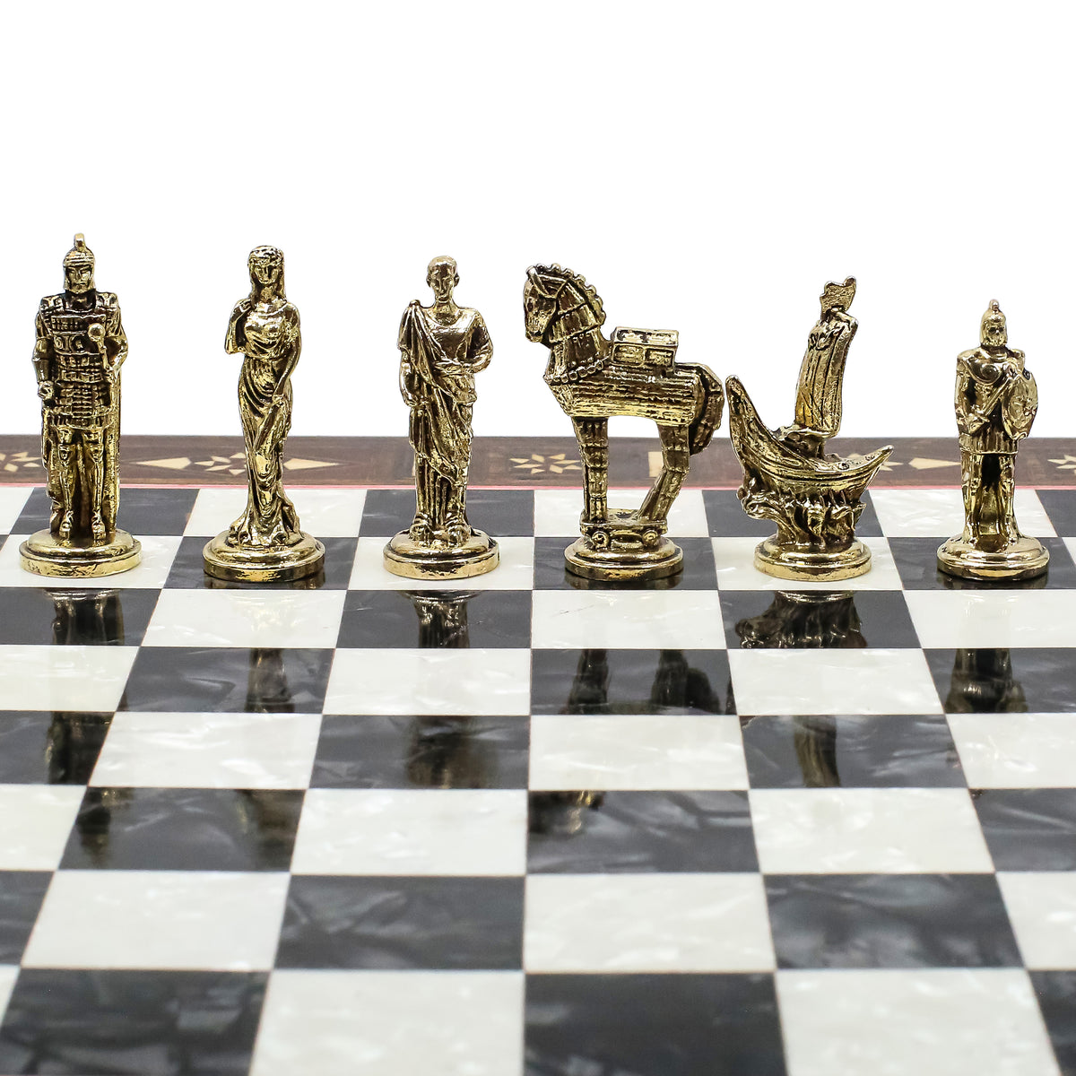 Handmade Inlay Chess Set with Drawer Storage 30 CM (12") - Die Cast Metal Pieces | Troy War Themed