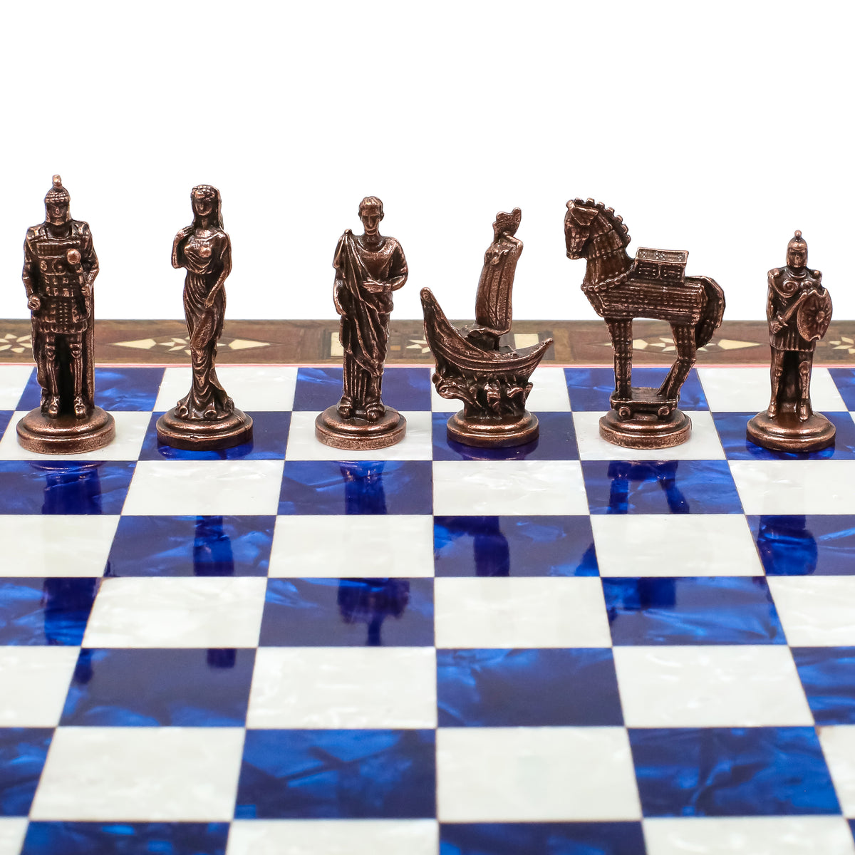 Handmade Inlay Chess Set with Drawer Storage 30 CM (12") - Die Cast Vintage Metal Pieces | Troy War Themed