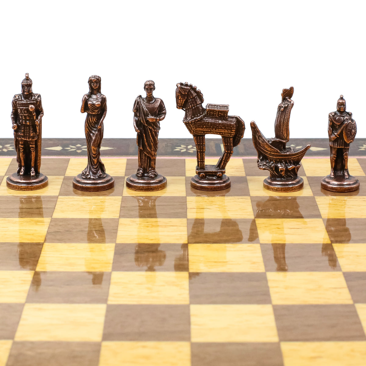 Handmade Inlay Chess Set with Drawer Storage 30 CM (12") - Die Cast Vintage Metal Pieces | Troy War Themed