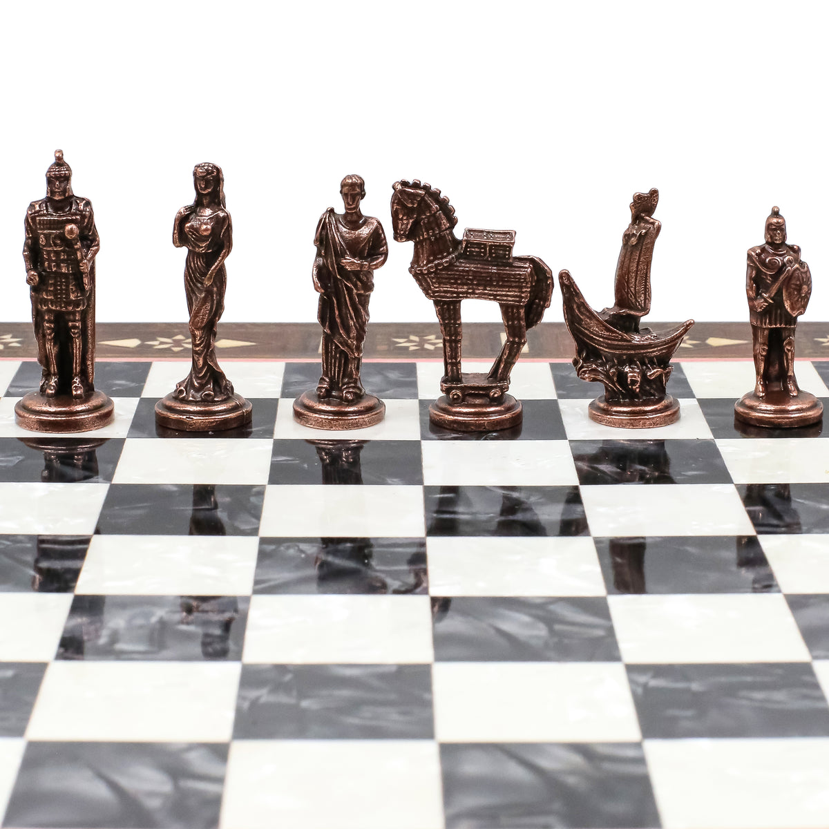 Handmade Inlay Chess Set with Drawer Storage 30 CM (12") - Die Cast Vintage Metal Pieces | Troy War Themed