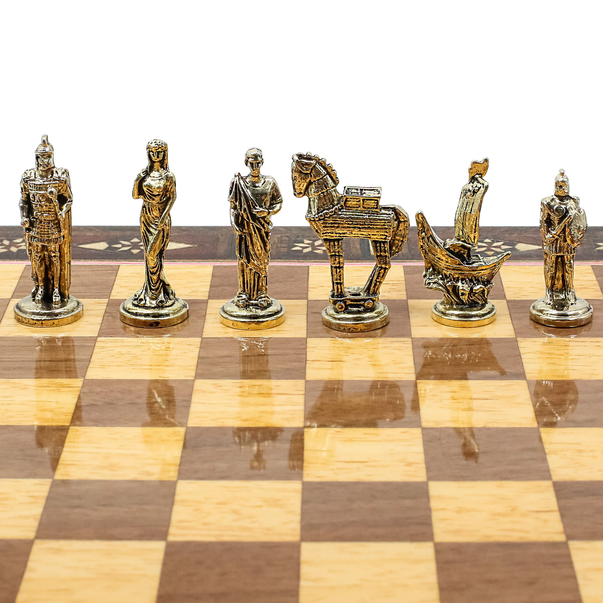 Handmade Inlay Chess Set with Drawer Storage 30 CM (12") - Die Cast Metal Pieces | Troy War Themed