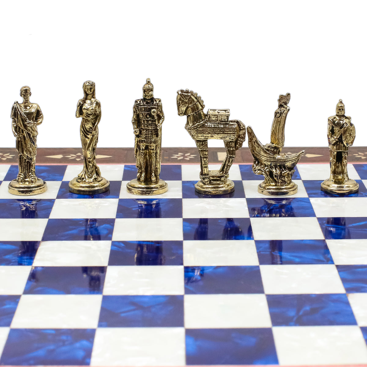 Handmade Inlay Chess Set with Drawer Storage 30 CM (12") - Die Cast Metal Pieces | Troy War Themed
