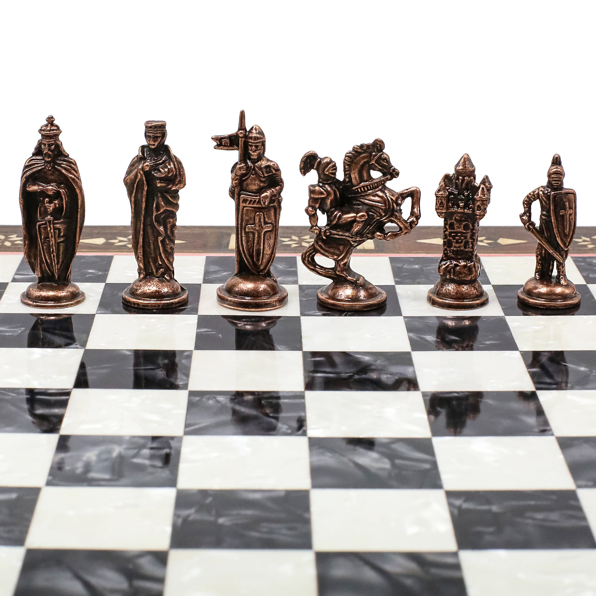 Handmade Inlay Chess Set with Drawer Storage 30 CM (12") - Die Cast Vintage Metal Pieces | Ottoman vs Byzantine War Themed