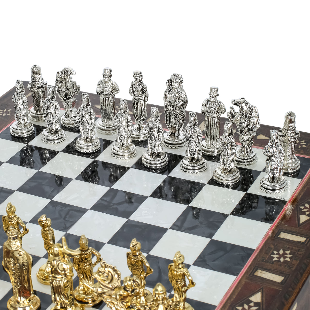 Handmade Inlay Chess Set with Drawer Storage 30 CM (12") - Die Cast Metal Pieces | Ottoman vs Byzantine War Themed