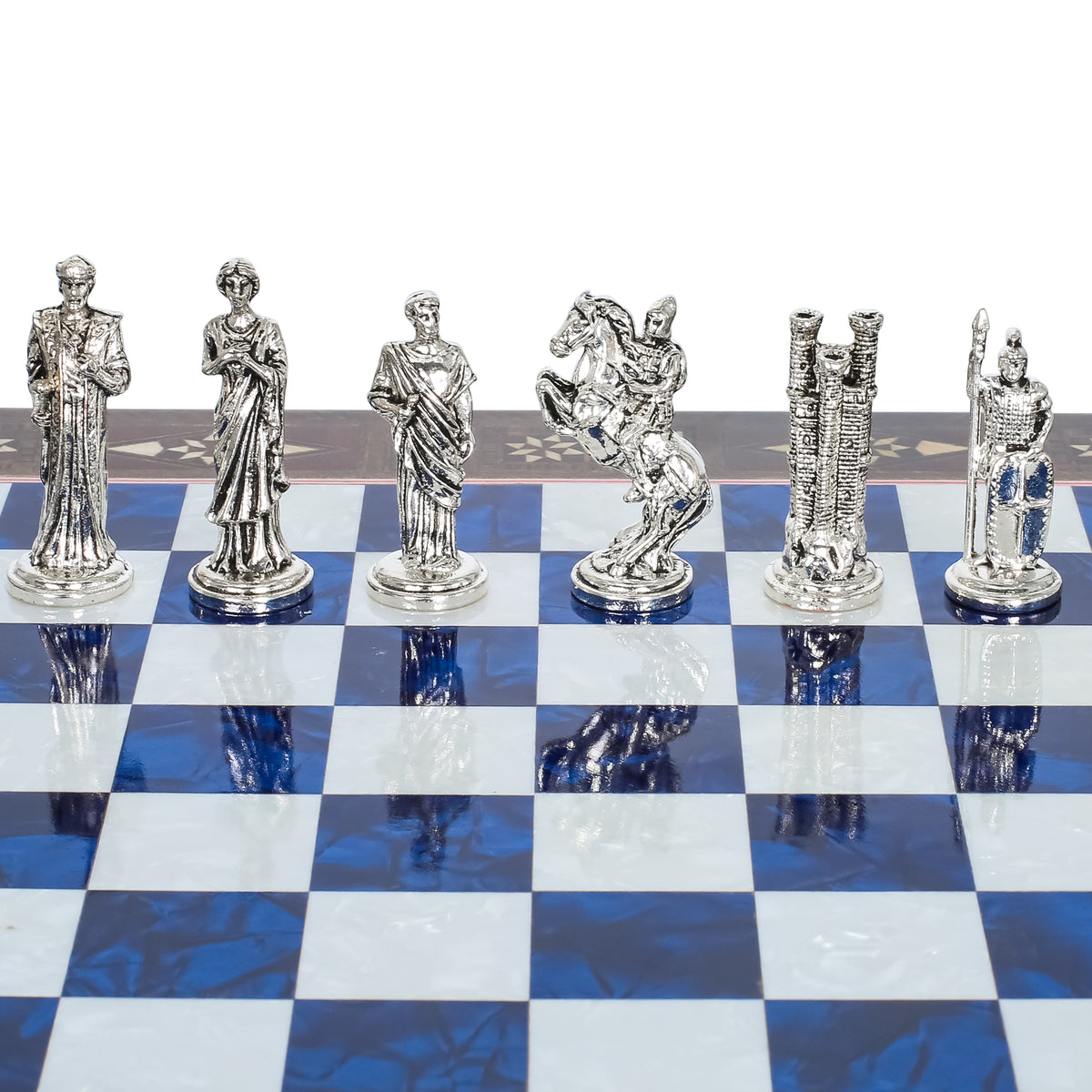 Handmade Inlay Chess Set with Drawer Storage 30 CM (12") - Die Cast Vintage Metal Pieces | Troy War Themed