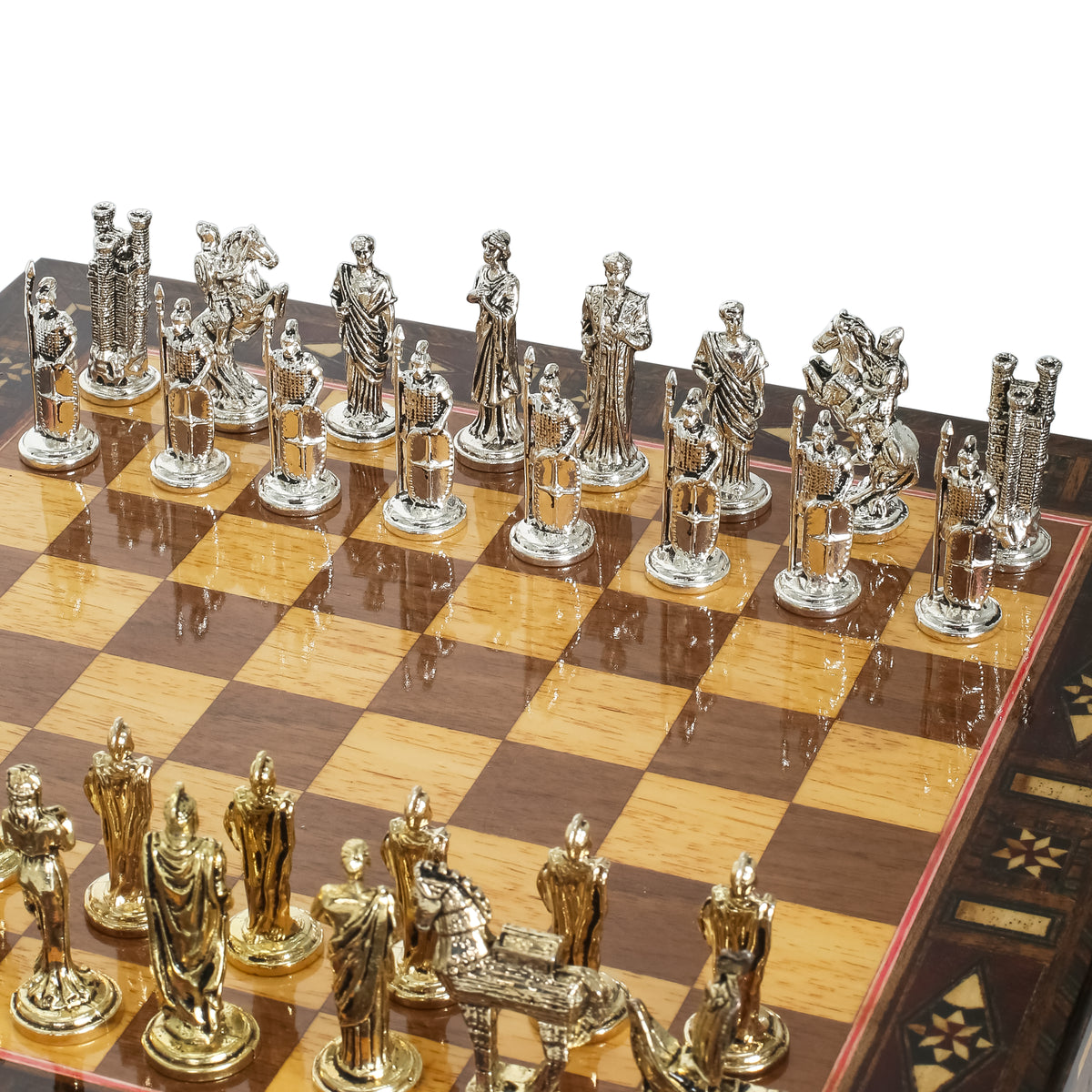 Handmade Inlay Chess Set with Drawer Storage 30 CM (12") - Die Cast Metal Pieces | Troy War Themed