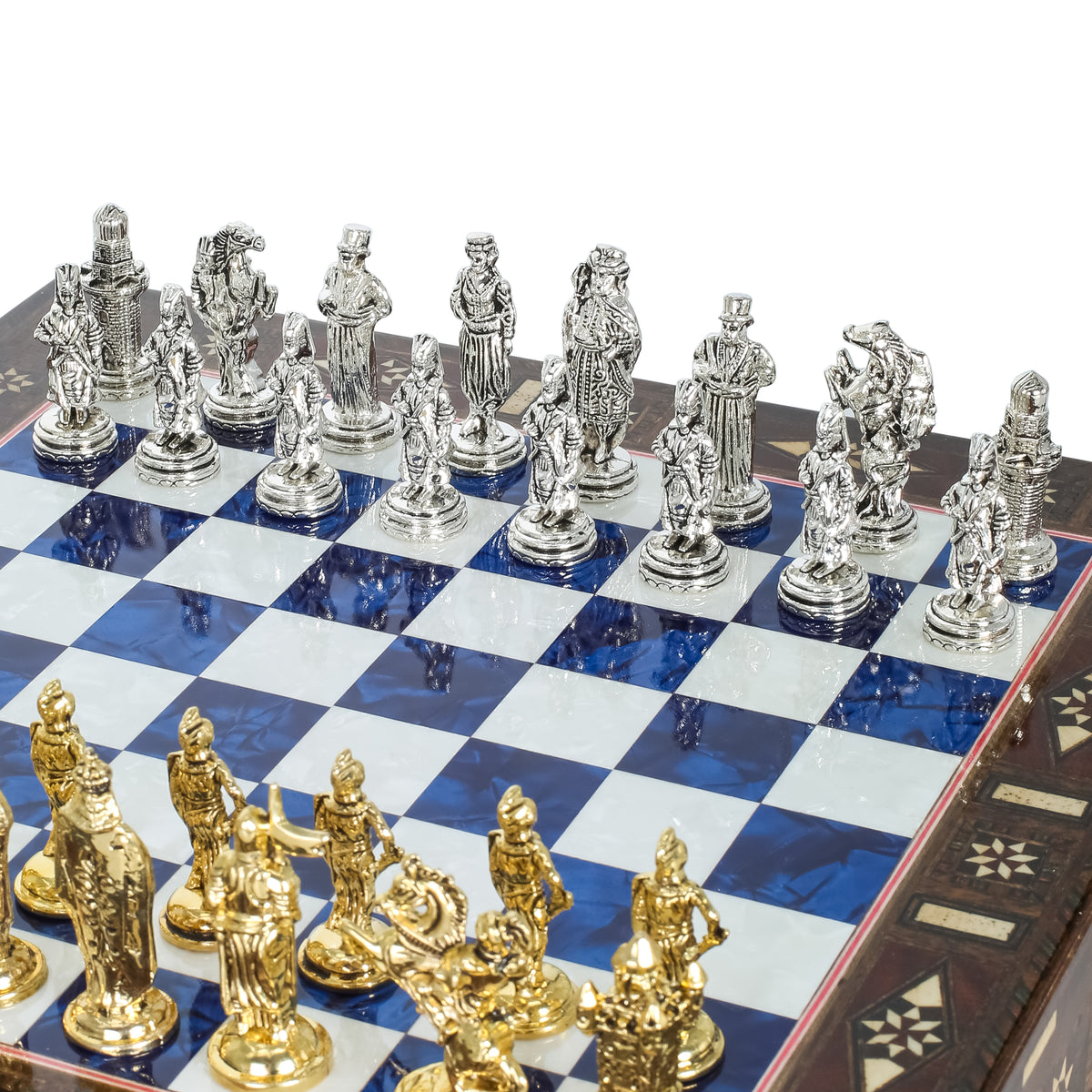 Handmade Inlay Chess Set with Drawer Storage 30 CM (12") - Die Cast Metal Pieces | Ottoman vs Byzantine War Themed