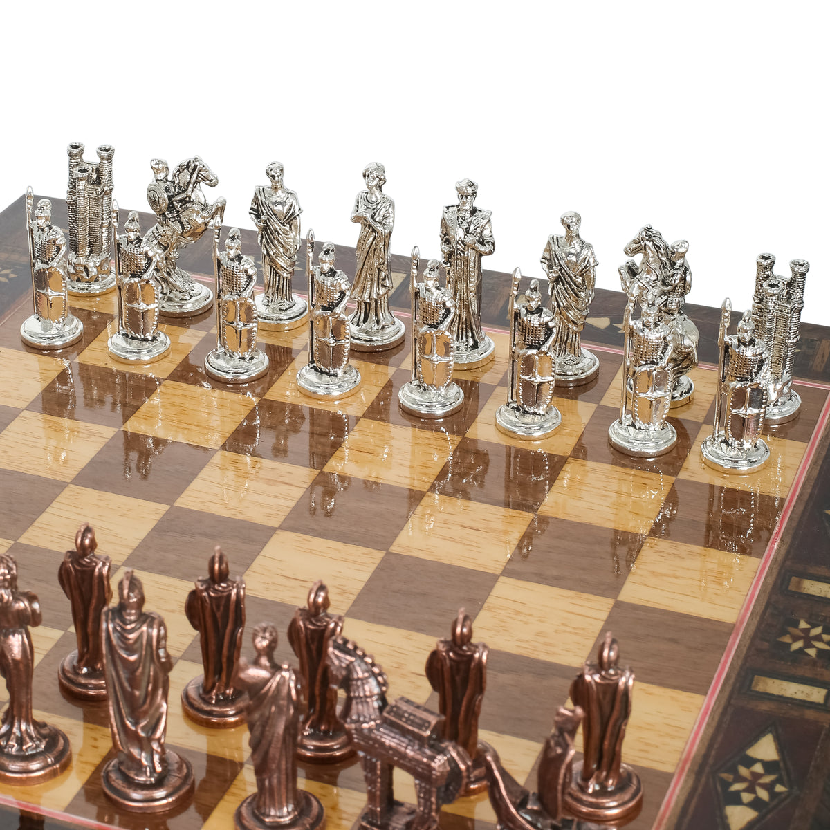 Handmade Inlay Chess Set with Drawer Storage 30 CM (12") - Die Cast Vintage Metal Pieces | Troy War Themed