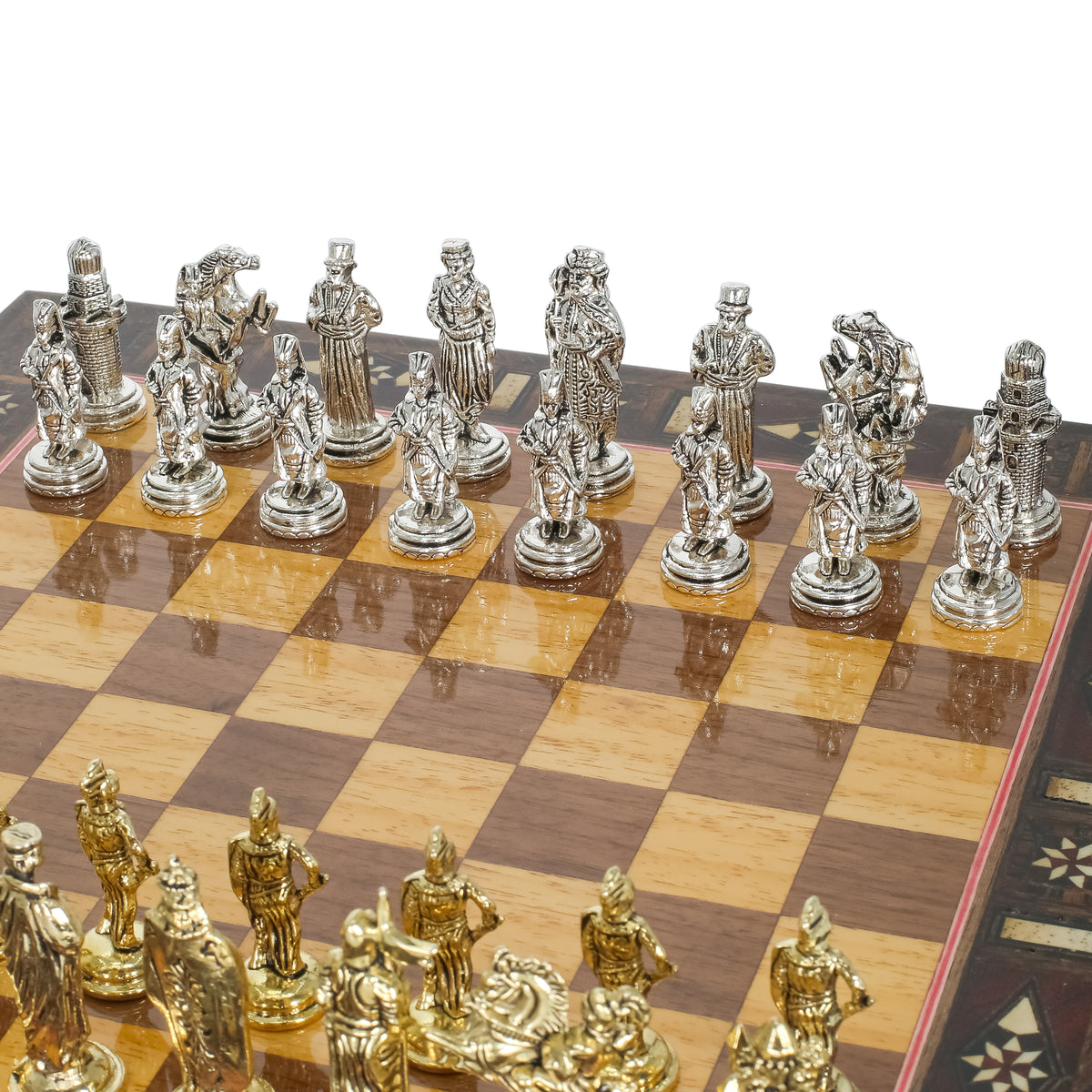 Handmade Inlay Chess Set with Drawer Storage 30 CM (12") - Die Cast Metal Pieces | Ottoman vs Byzantine War Themed