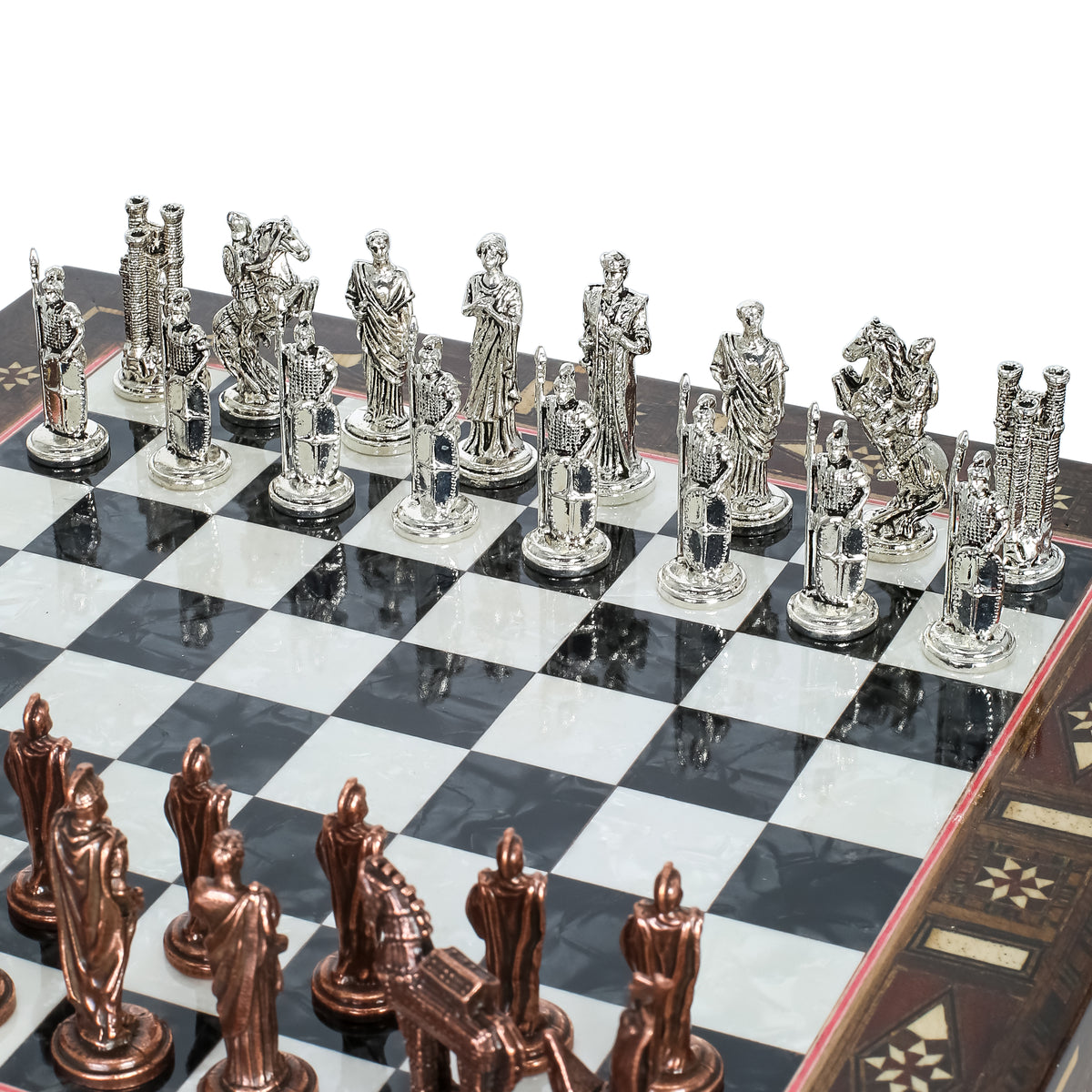 Handmade Inlay Chess Set with Drawer Storage 30 CM (12") - Die Cast Vintage Metal Pieces | Troy War Themed