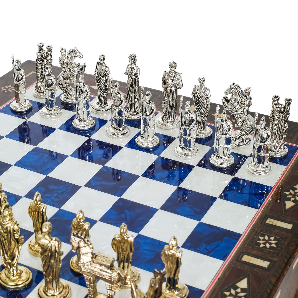 Handmade Inlay Chess Set with Drawer Storage 30 CM (12") - Die Cast Metal Pieces | Troy War Themed
