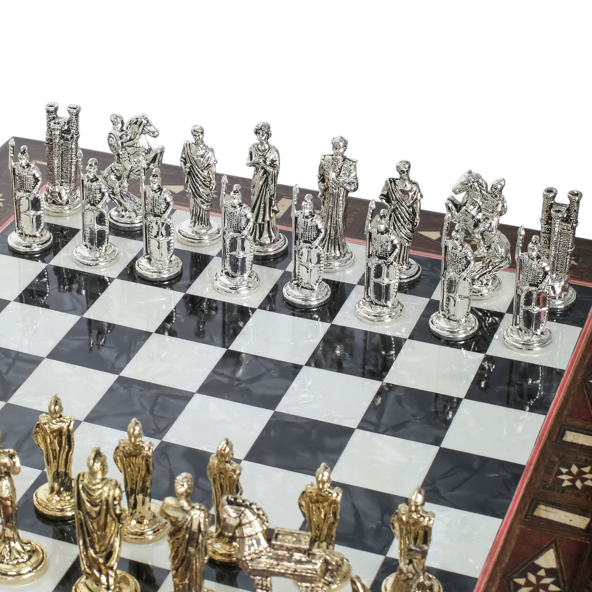 Handmade Inlay Chess Set with Drawer Storage 30 CM (12") - Die Cast Metal Pieces | Troy War Themed