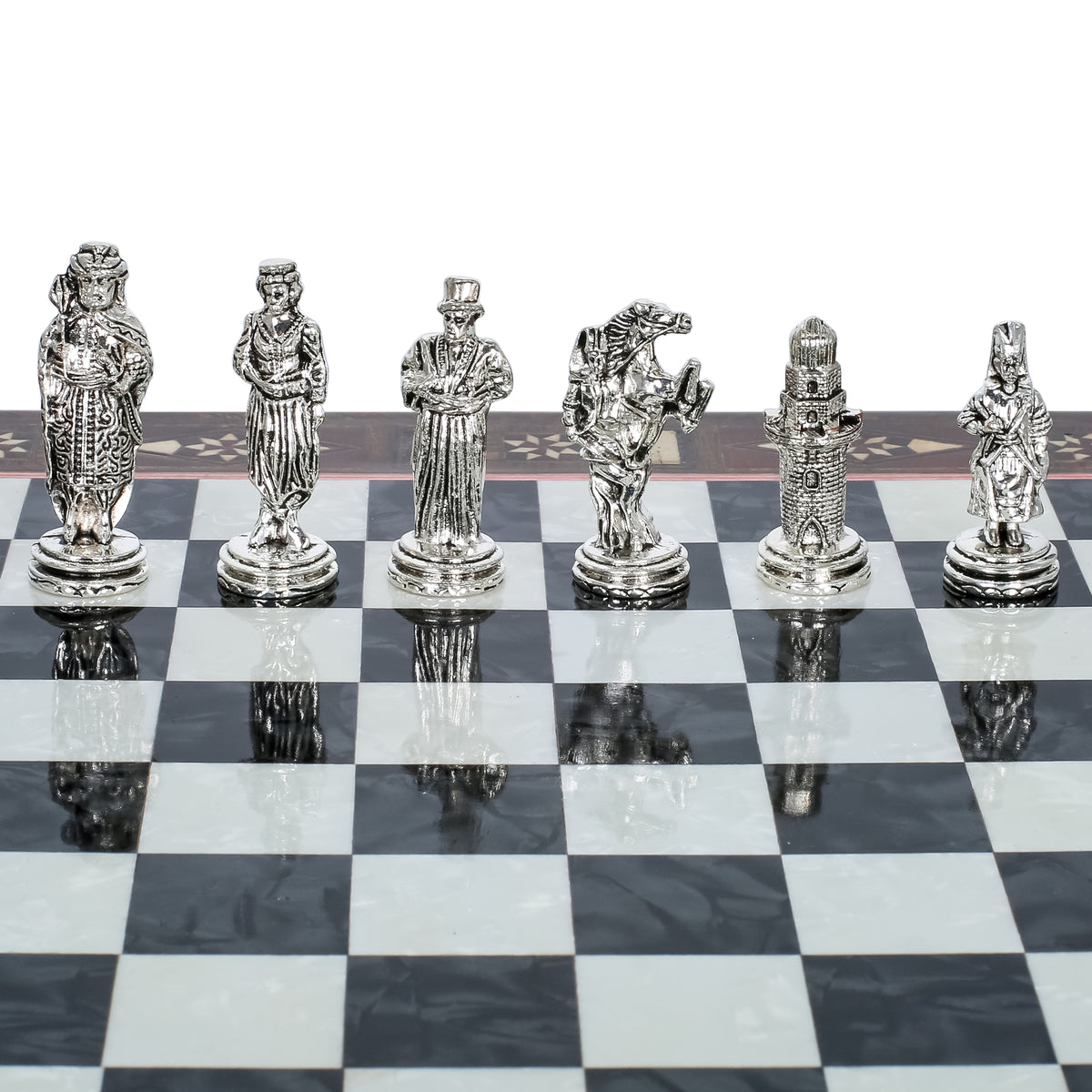 Handmade Inlay Chess Set with Drawer Storage 30 CM (12") - Die Cast Metal Pieces | Ottoman vs Byzantine War Themed