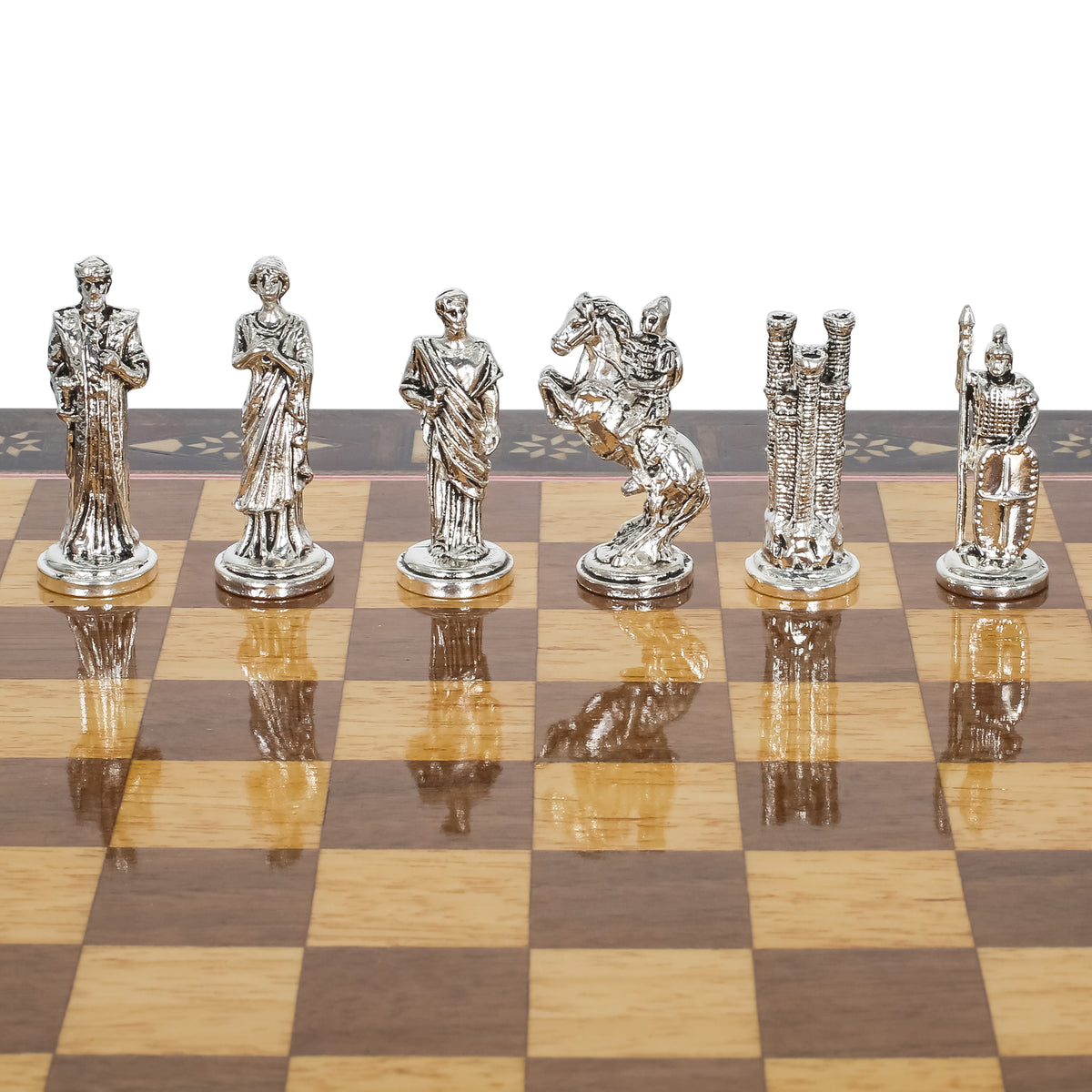 Handmade Inlay Chess Set with Drawer Storage 30 CM (12") - Die Cast Vintage Metal Pieces | Troy War Themed