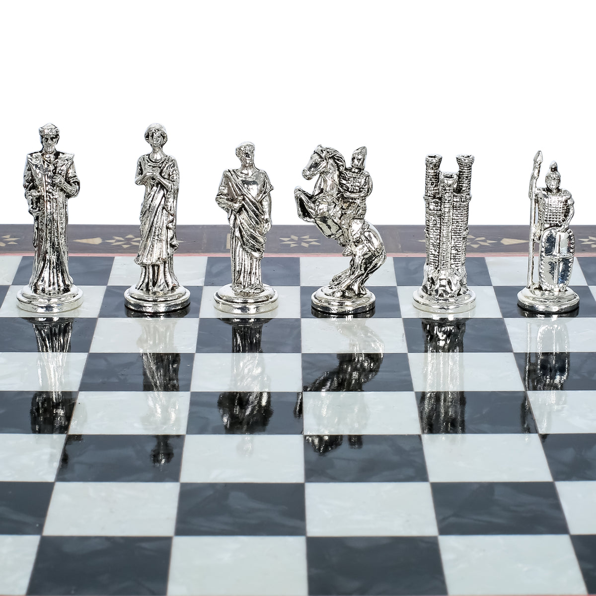 Handmade Inlay Chess Set with Drawer Storage 30 CM (12") - Die Cast Vintage Metal Pieces | Troy War Themed