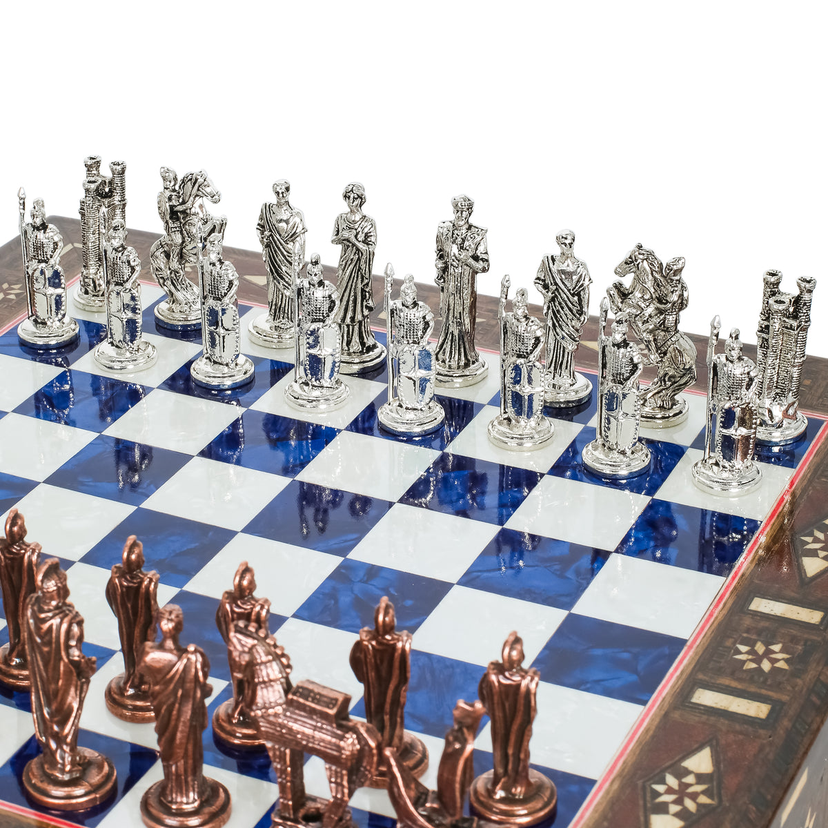 Handmade Inlay Chess Set with Drawer Storage 30 CM (12") - Die Cast Vintage Metal Pieces | Troy War Themed