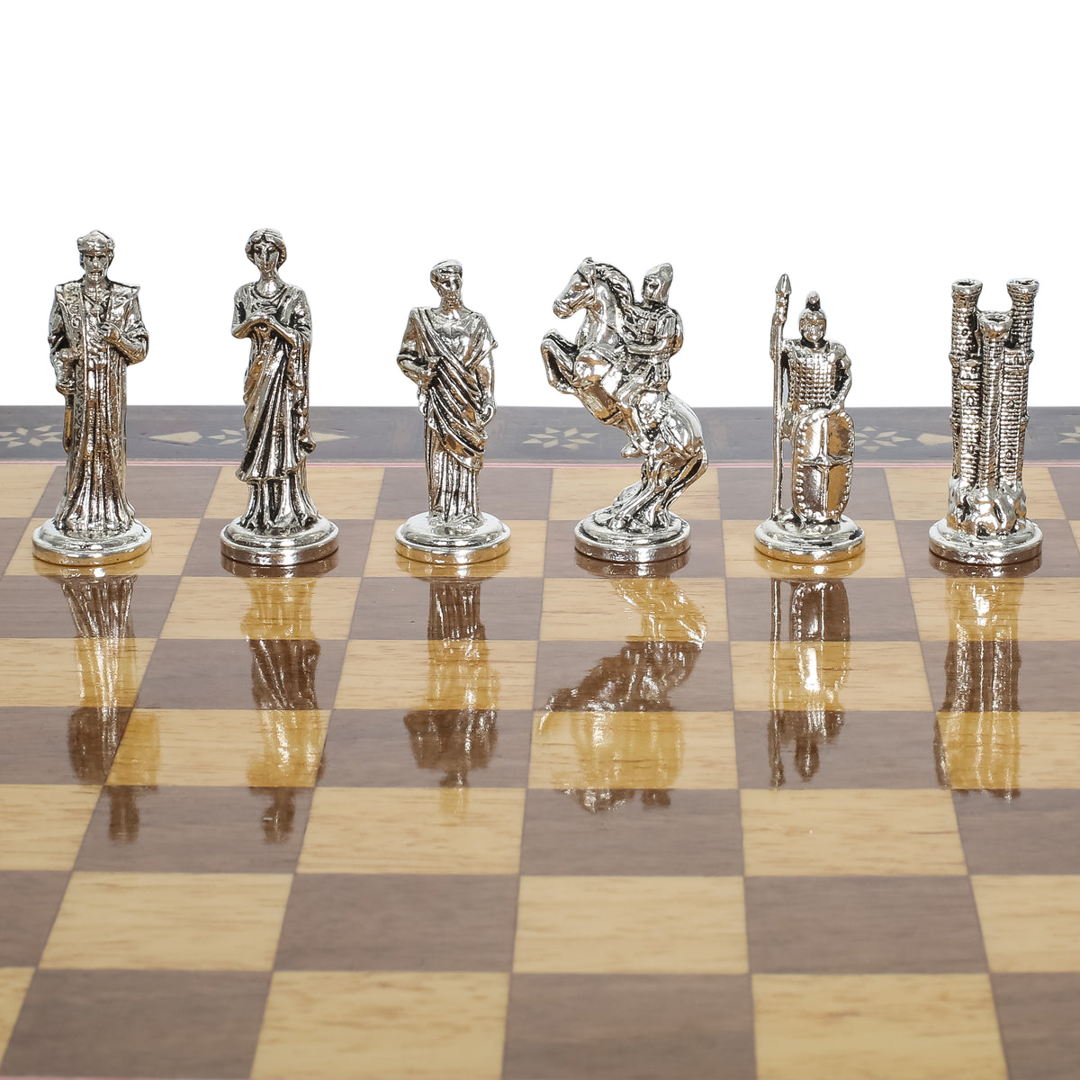 Handmade Inlay Chess Set with Drawer Storage 30 CM (12") - Die Cast Metal Pieces | Troy War Themed