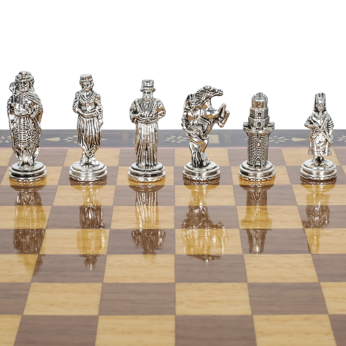 Handmade Inlay Chess Set with Drawer Storage 30 CM (12") - Die Cast Metal Pieces | Ottoman vs Byzantine War Themed