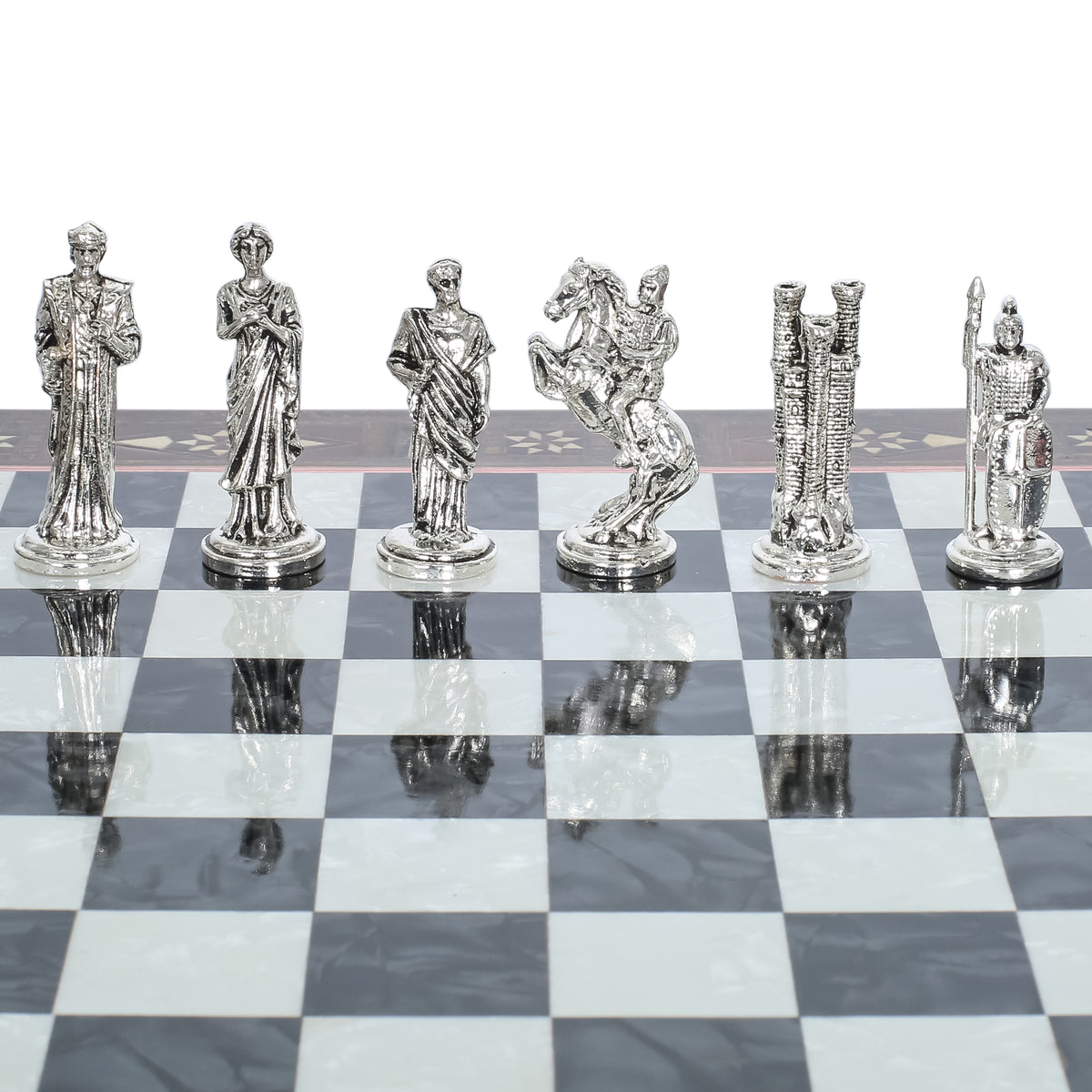 Handmade Inlay Chess Set with Drawer Storage 30 CM (12") - Die Cast Metal Pieces | Troy War Themed