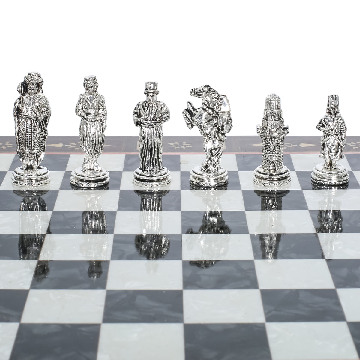 Handmade Inlay Chess Set with Drawer Storage 30 CM (12") - Die Cast Vintage Metal Pieces | Ottoman vs Byzantine War Themed