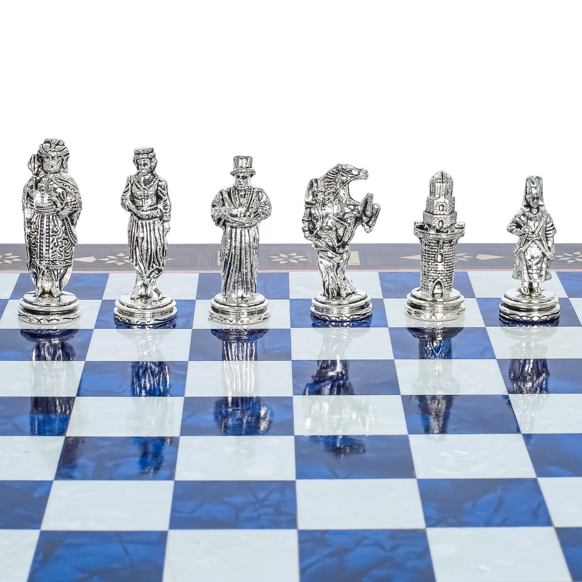 Handmade Inlay Chess Set with Drawer Storage 30 CM (12") - Die Cast Metal Pieces | Ottoman vs Byzantine War Themed
