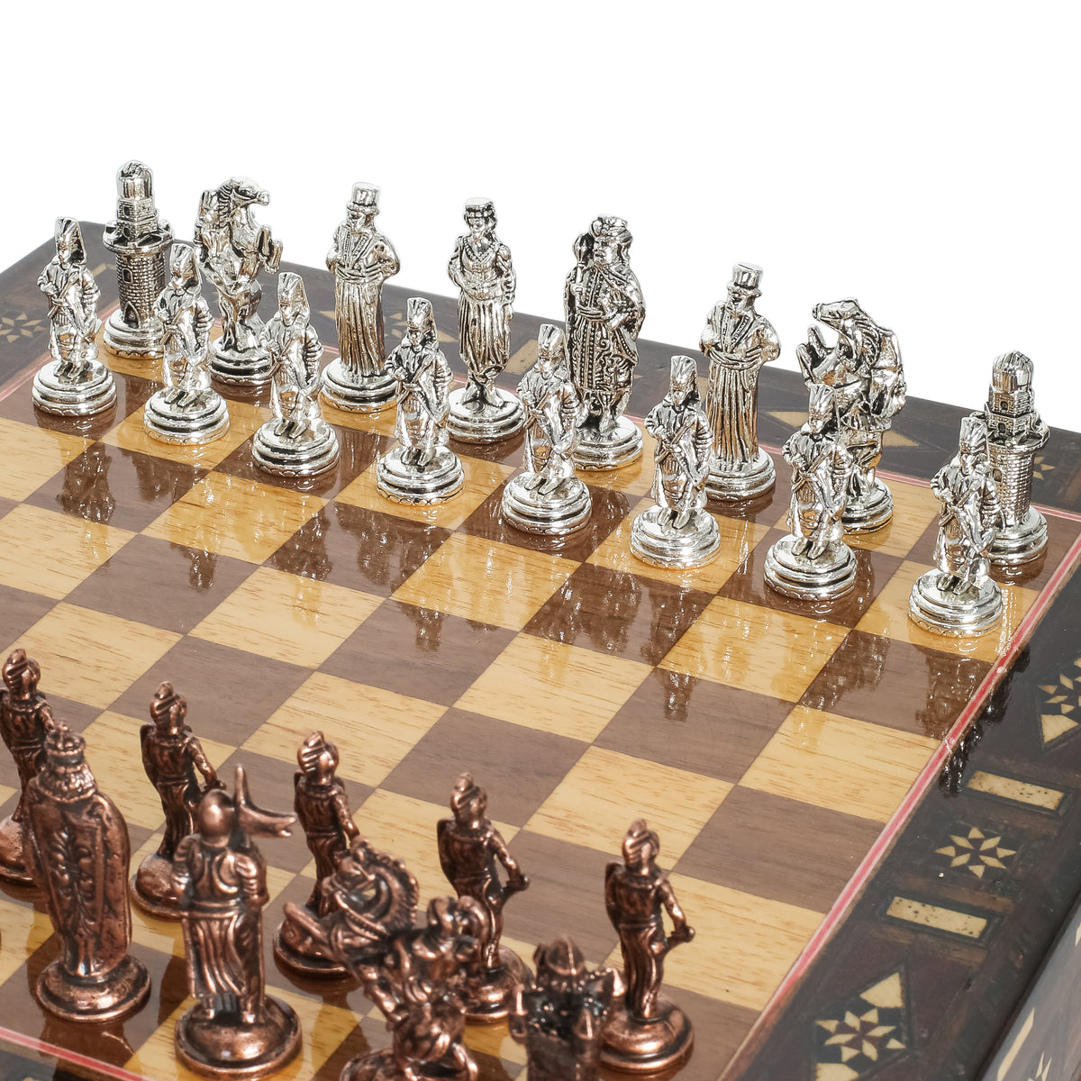 Handmade Inlay Chess Set with Drawer Storage 30 CM (12") - Die Cast Vintage Metal Pieces | Ottoman vs Byzantine War Themed