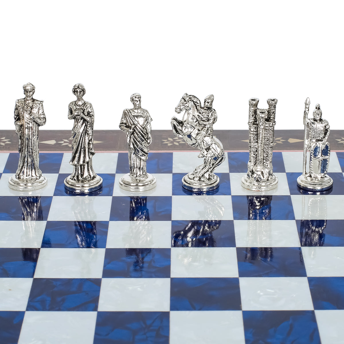 Handmade Inlay Chess Set with Drawer Storage 30 CM (12") - Die Cast Metal Pieces | Troy War Themed
