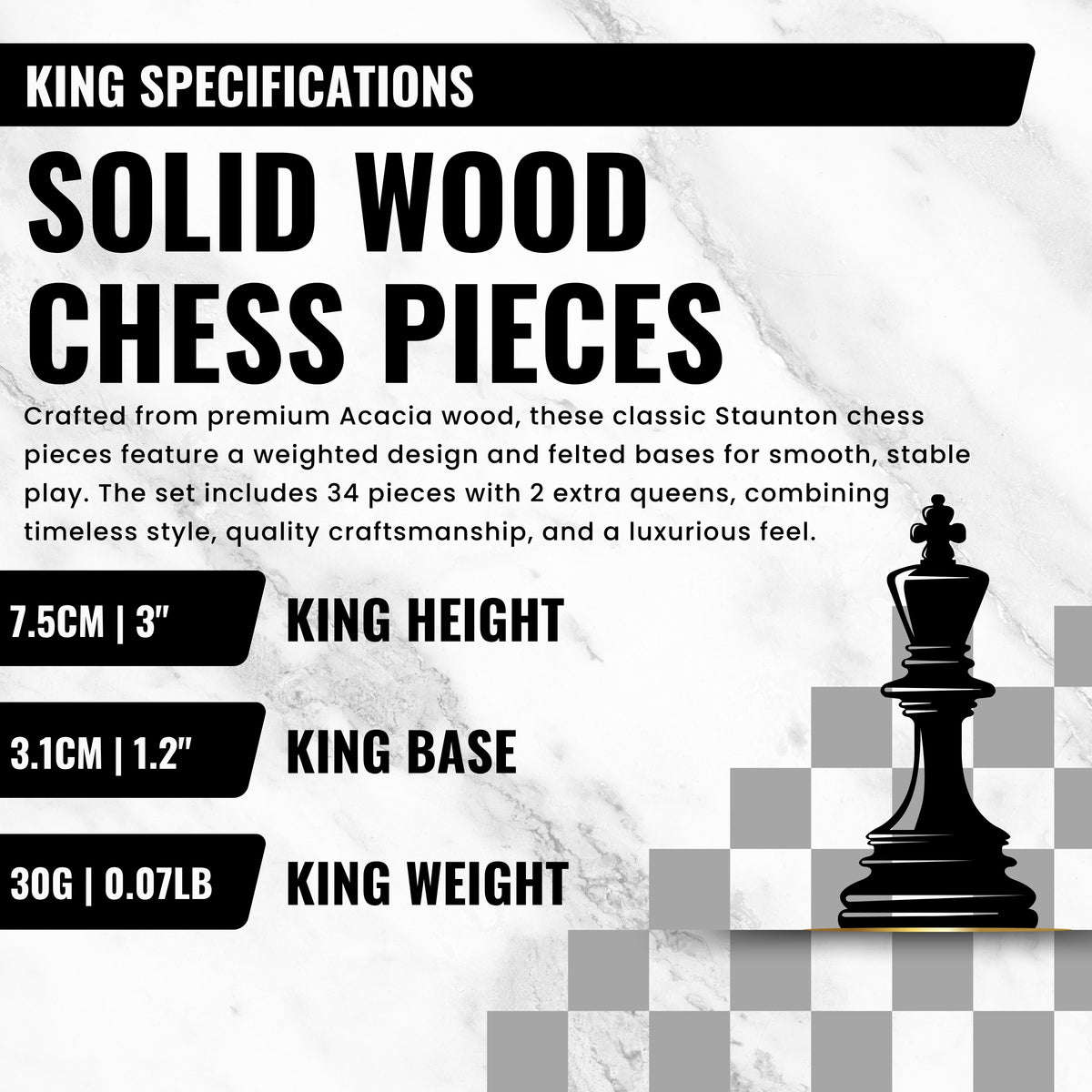 Storage Chess Set 37 CM (15") with Weighted Solid Wood Chessmen (German Staunton) with Extra Queens