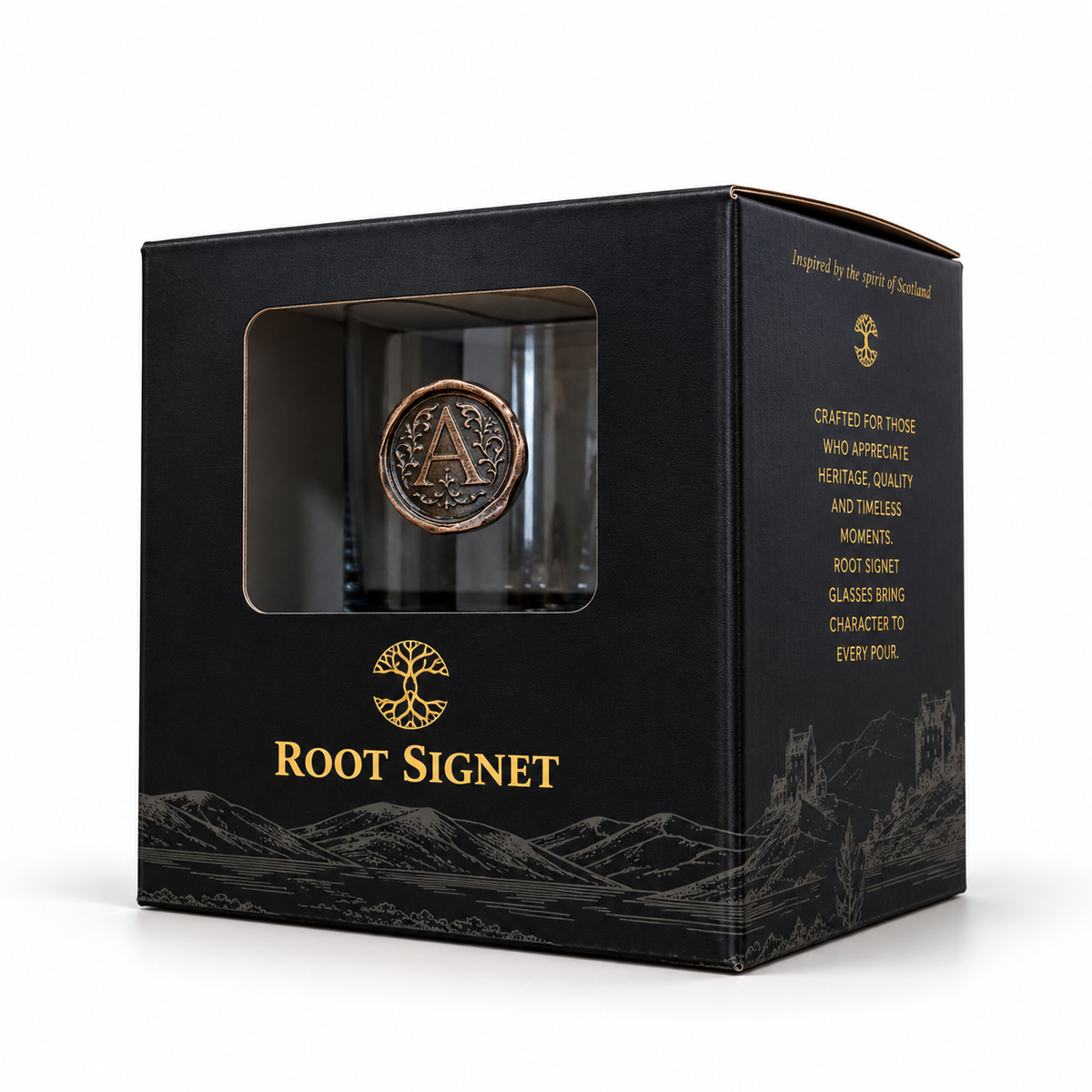 Personalised Monogram Whisky Glass with Antique Bronze Finish Metal Initial
