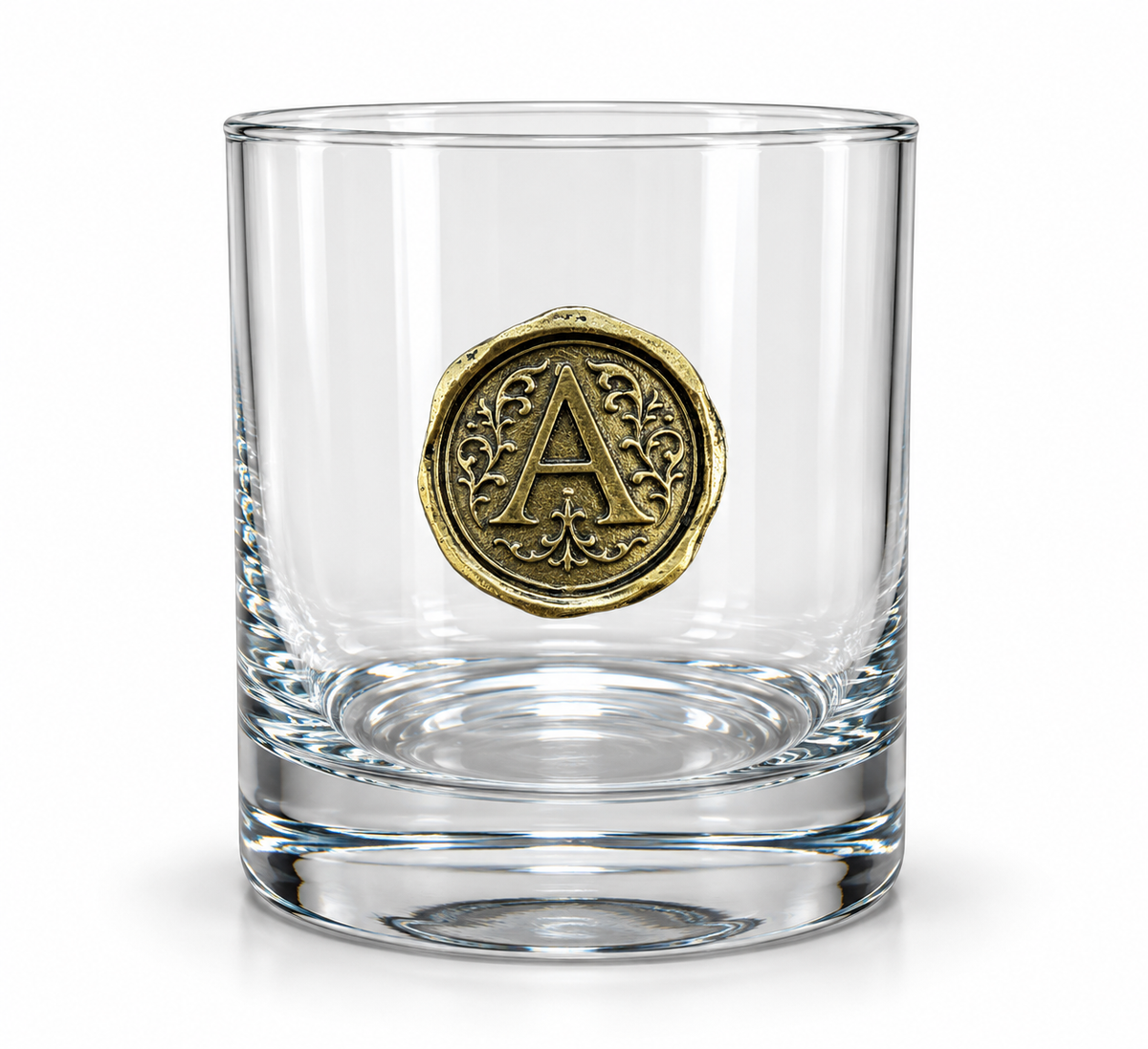 Personalised Monogram Whisky Glass with Antique Gold Finish Metal Initial
