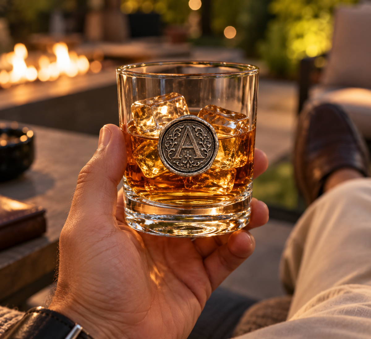Personalised Monogram Whisky Glass with Antique Silver Finish Metal Initial