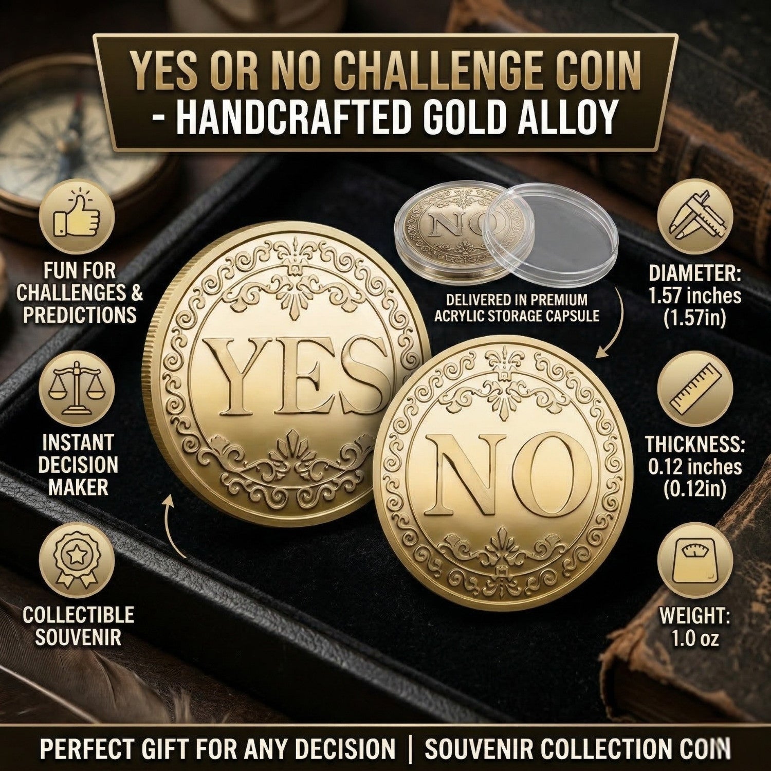 Yes No Decision Coin – Metal Flip Coin for Quick Choices – Gold, Silver & Bronze Finish – Fun Gift for Chess Players, Thinkers & Everyday Decisions - Cooper Chess